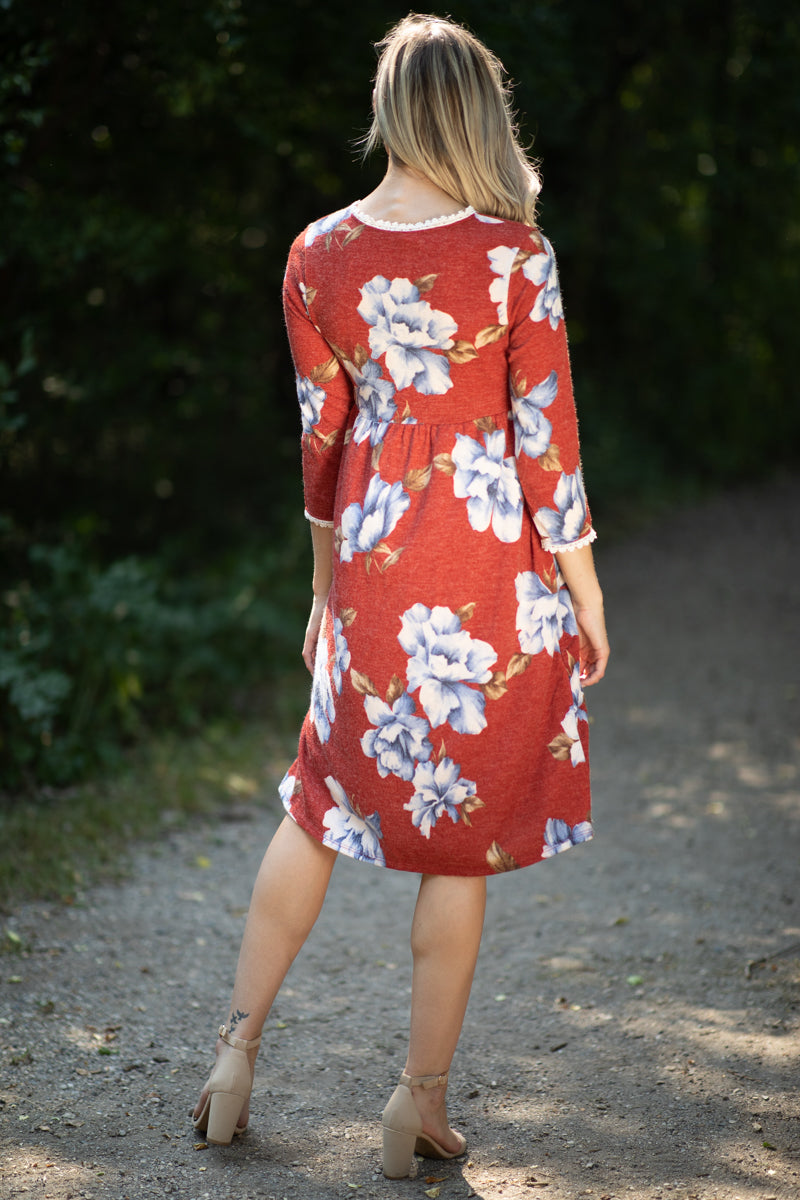 Cranberry and Blue Floral Surplice Front Dress