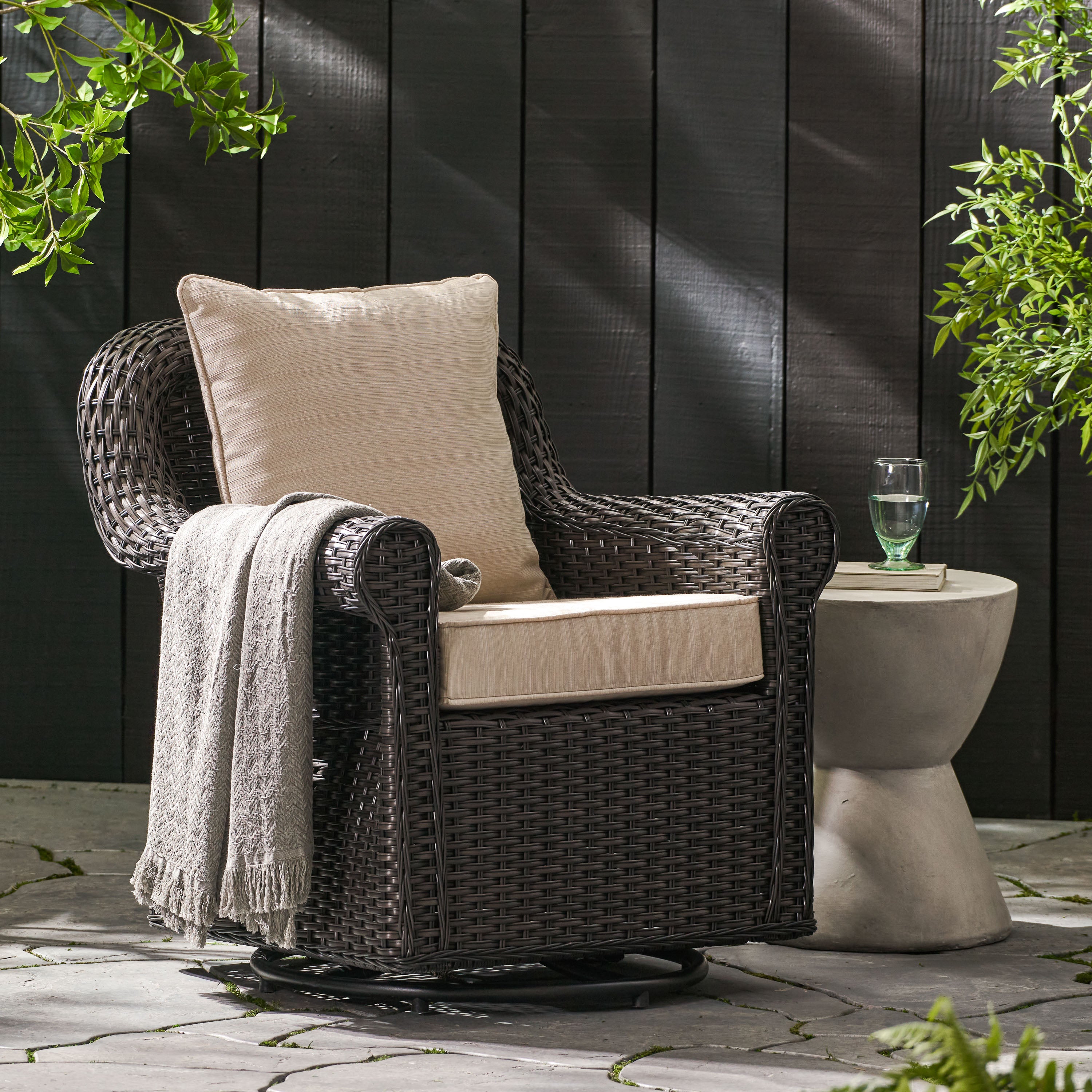 Admiral Outdoor Wicker Swivel Rocking Chair w/Water Resistant Cushions