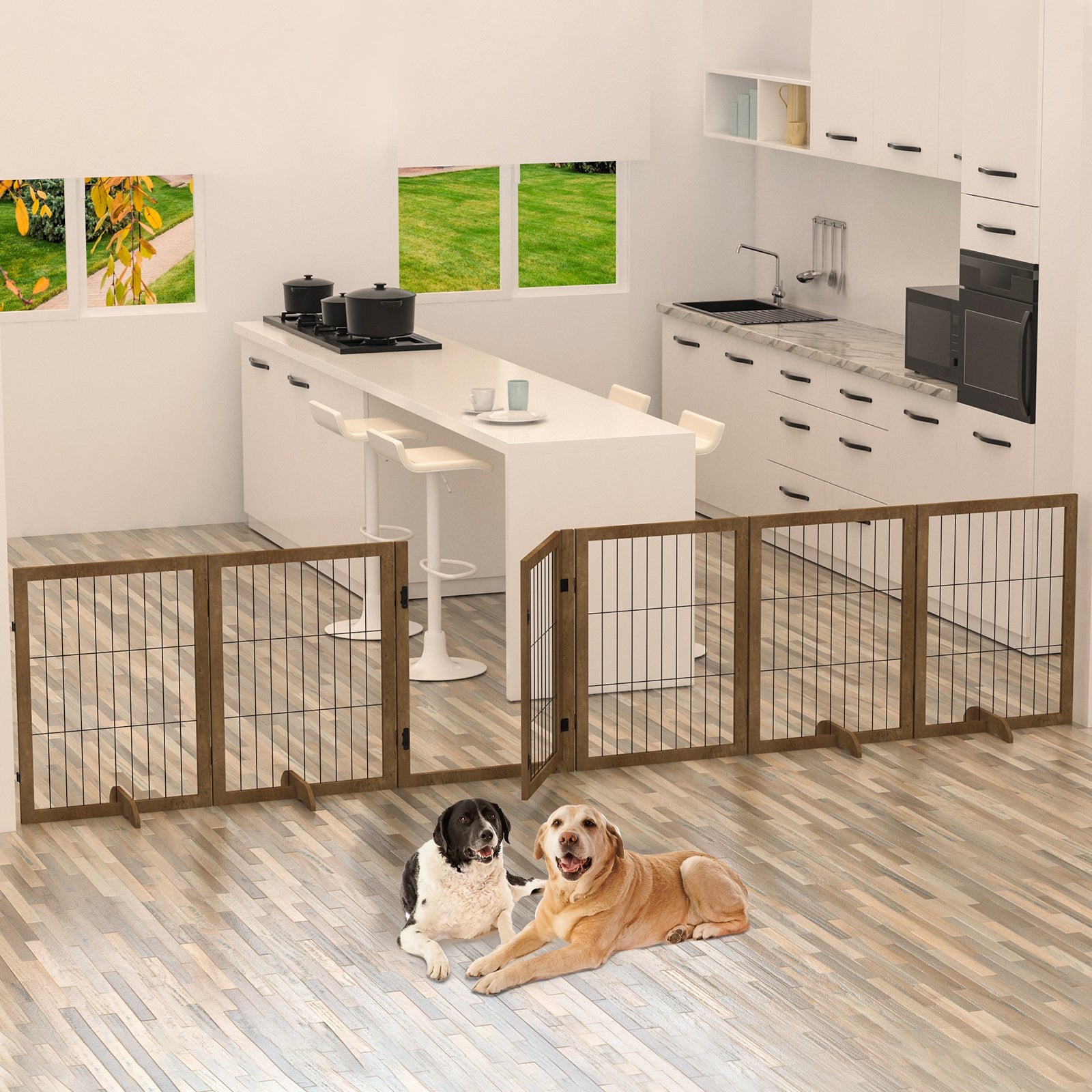 Dog Gate Pet Fence Extra Wide with Walk Through Door， Wood Preassembled Freestanding Baby Safety Gate Dog Barrier Indoor Lockable for Home， Doorway， Stairs， 31.5''H with 4 Support Feet