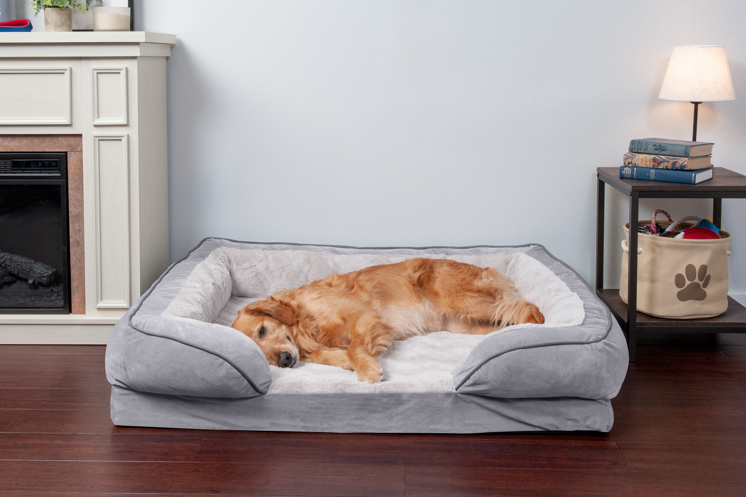 FurHaven Pet Products | Cooling Gel Memory Foam Orthopedic Perfect Comfort Velvet Waves Sofa-Style Couch Pet Bed for Dogs and Cats， Granite Gray， Jumbo
