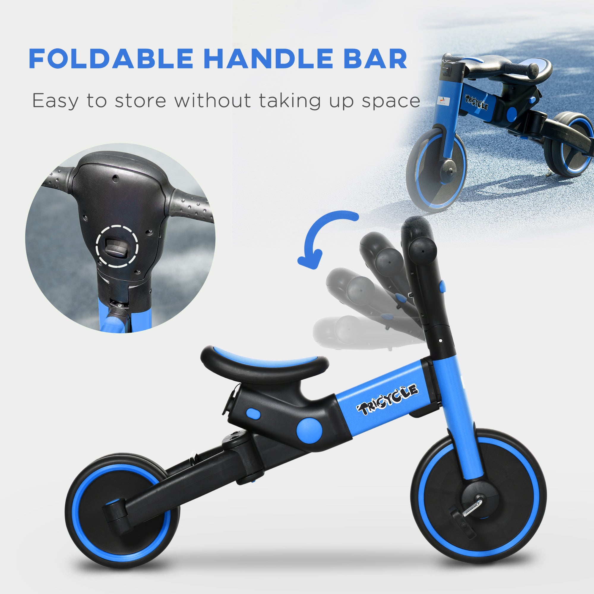 Aosom 4-in-1 Toddler Tricycle， Adjustable Balance Bike， Kids Bike， Baby Bicycle Push Trike for Kids 2-4 with Folding Trike Handle， Outdoor Toy for Toddlers and Kindergarteners， Blue