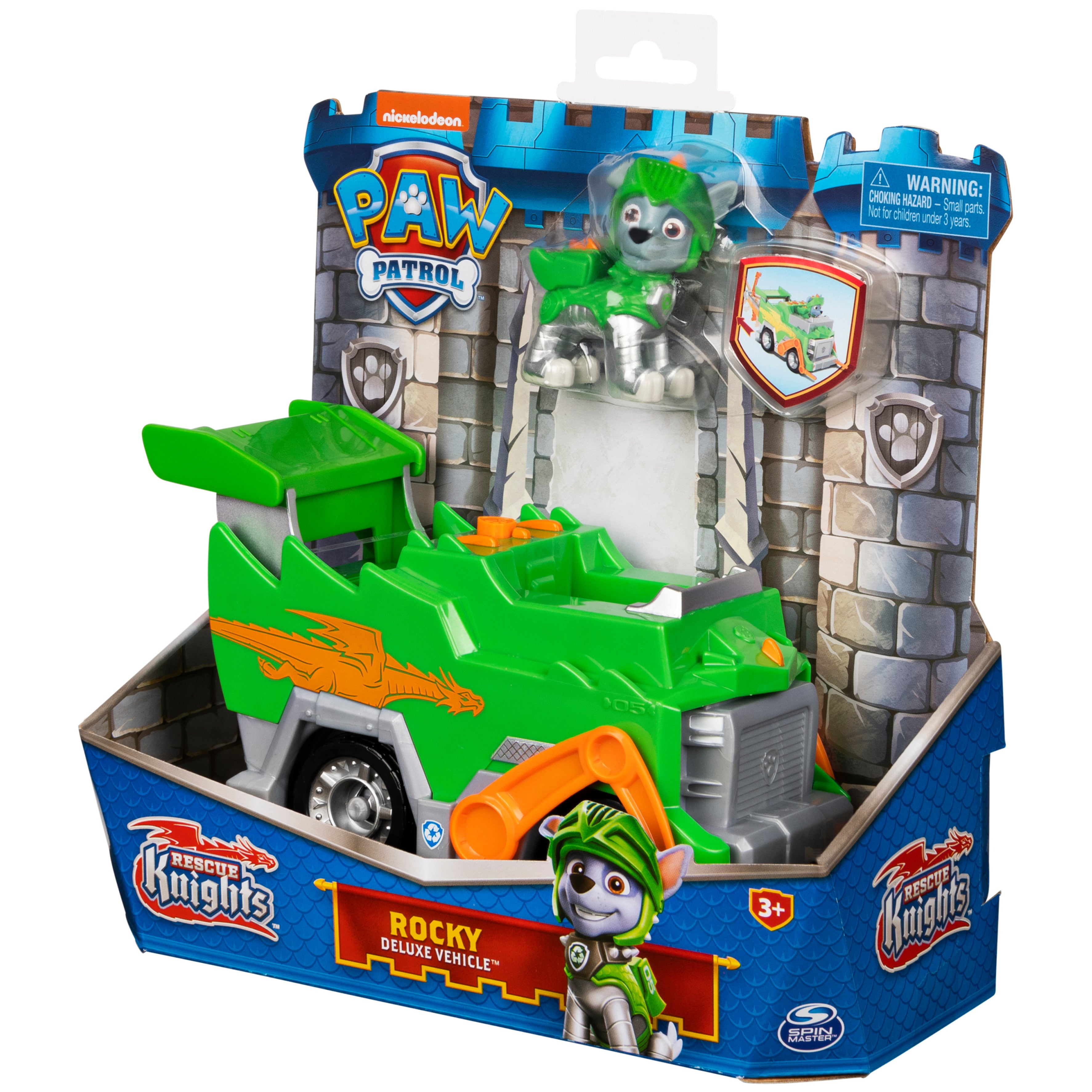 PAW Patrol， Rescue Knights Rocky Transforming Toy Car with Collectible Action Figure， Kids Toys for Ages 3 and up
