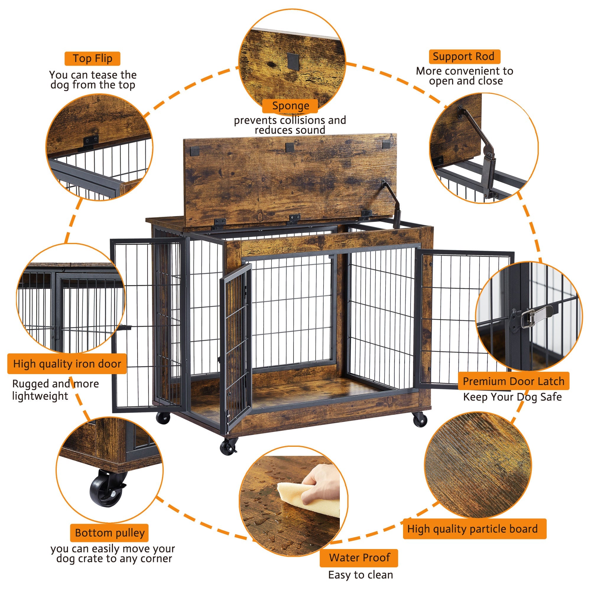 Furniture Dog Cage Crate with Double Doors on Casters(Rustic Brown; 31.50''W*22.05''D*24.8''H)
