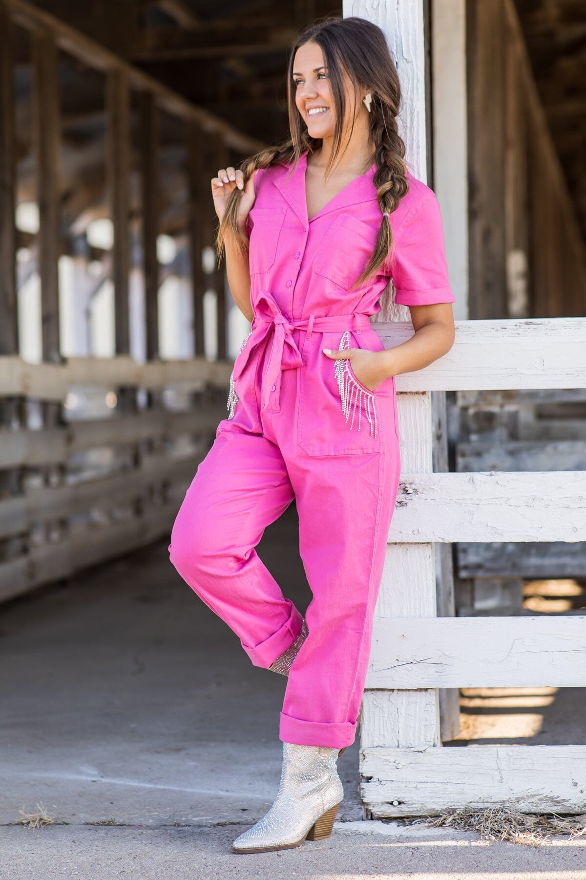 Pink Denim Jumpsuit Beaded Fringe Trim