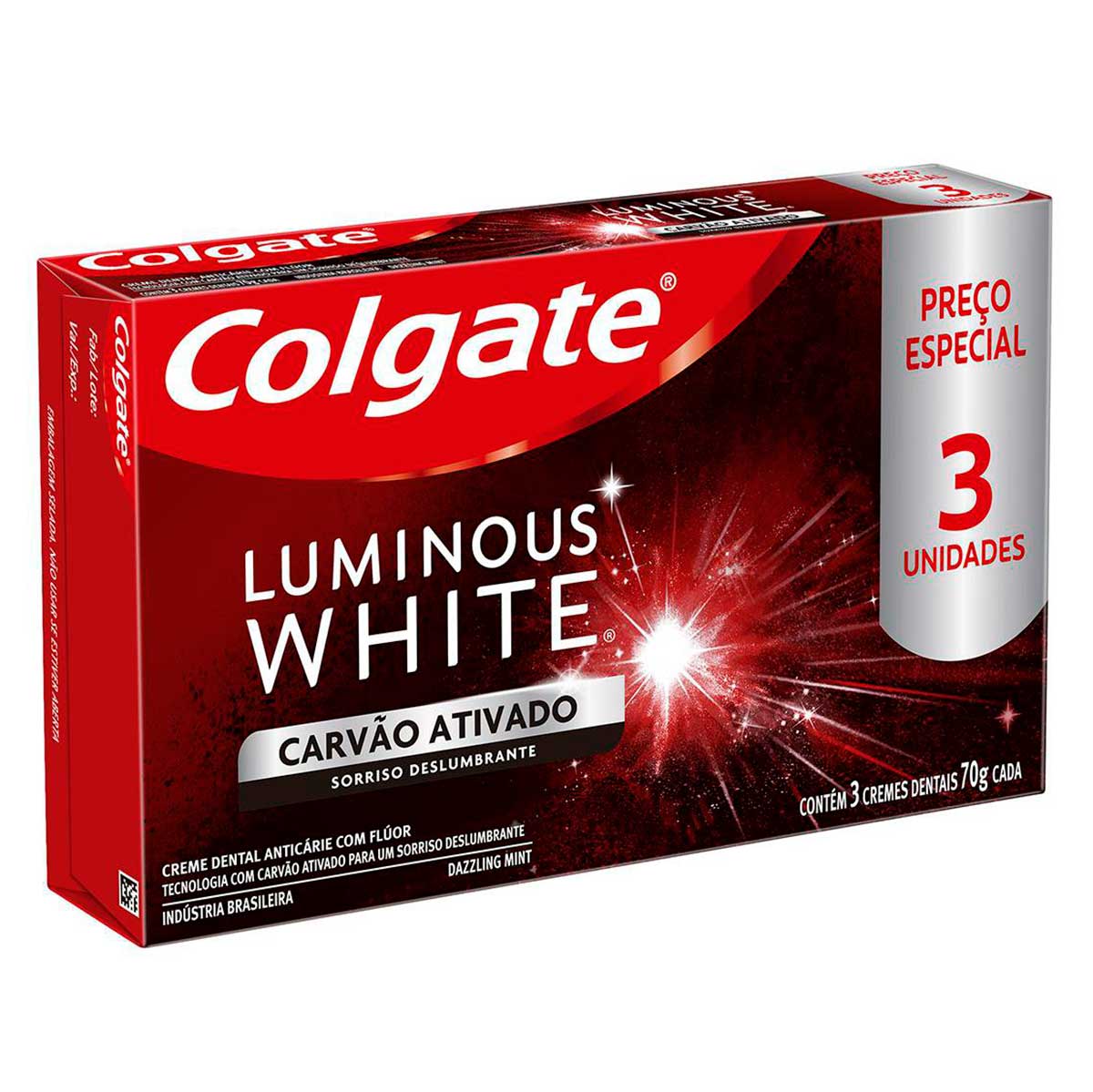 Creme Para Clareamento Dental Colgate Luminous White Carvao Ativado 3 unid 70g Promo Preco Especial