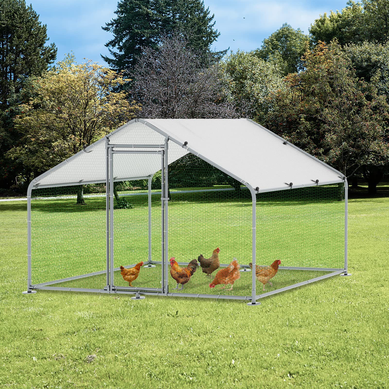 MEETWARM Large Metal Chicken Coop Run， Walk-in Poultry Cage Chicken Run Pen， Duck Rabbits House Spire Shaped Coop with Waterproof Anti-UV Cover for Outdoor Farm Use