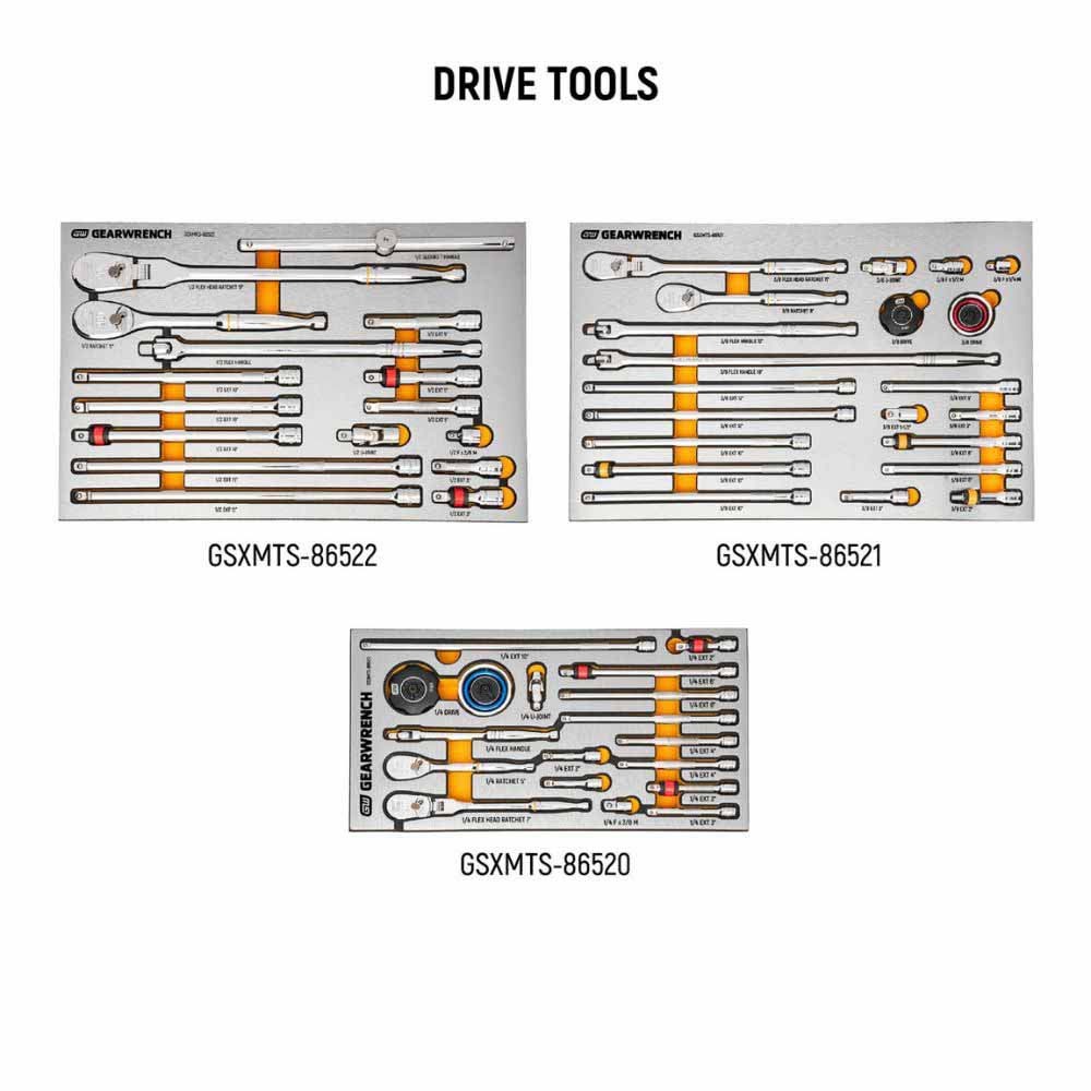 Conjunto de ferramentas GearWrench MEGAMOD873 Master Technician com 873 peças, em bandejas modulares com compartimentos para armazenamento.