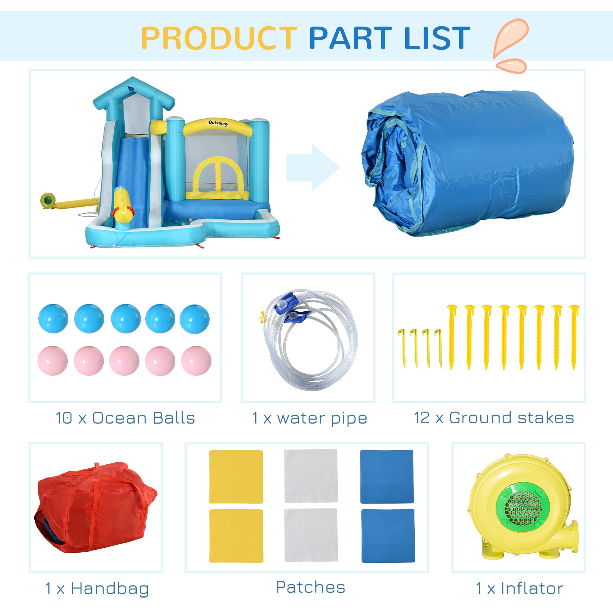 Outsunny 5-in-1 Inflatable Water Slide， Kids Castle Bounce House with Slide， Trampoline， Pool， Cannon， Climbing Wall Includes Carry Bag， Repair Patches， Ocean Balls， 680W Air Blower