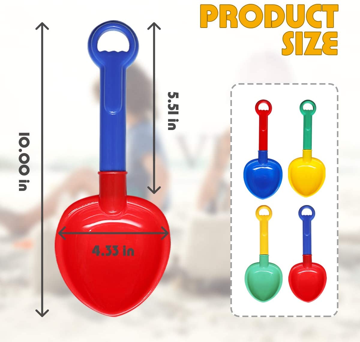 10''Sand Shovels,Multi-Color Sand Scoop Plastic Shovels,Beach Shovels for Boys and Girl- 4 Pack