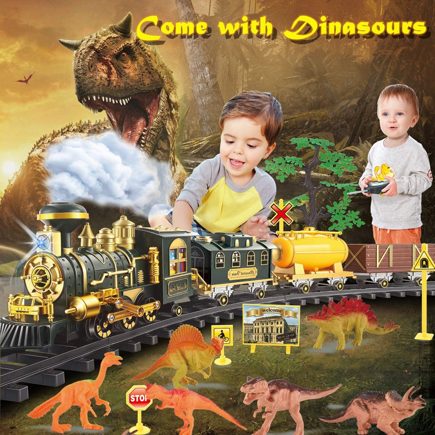 Models Train Set Toy， Large Size Dinosaurs Electric Train Toy with Remote， Lights， Dinosaurs， Steam