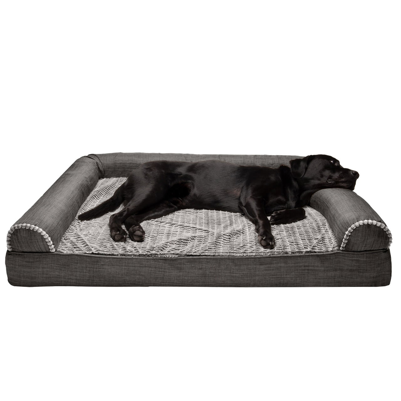 FurHaven | Orthopedic Luxe Fur and Performance Linen Sofa Pet Bed for Dogs and Cats， Charcoal， Jumbo Plus