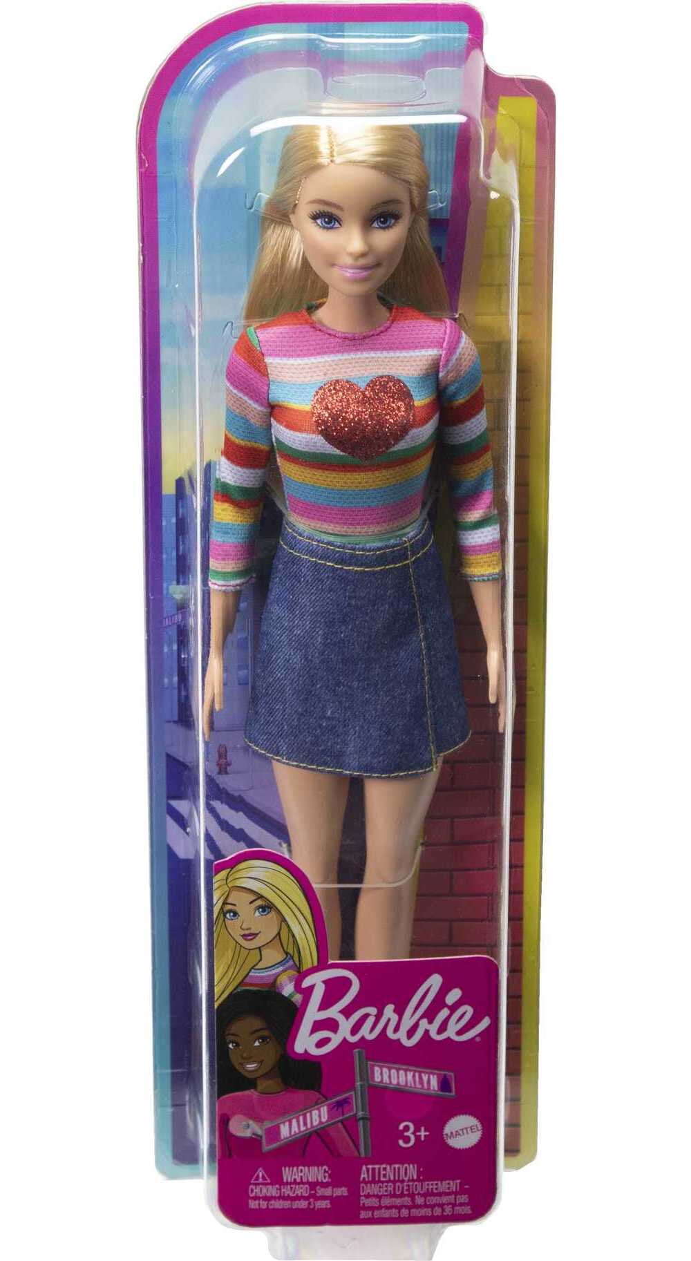 Barbie It Takes Two Malibu Doll with Blonde Hair, Rainbow Shirt, Denim Skirt & Shoes