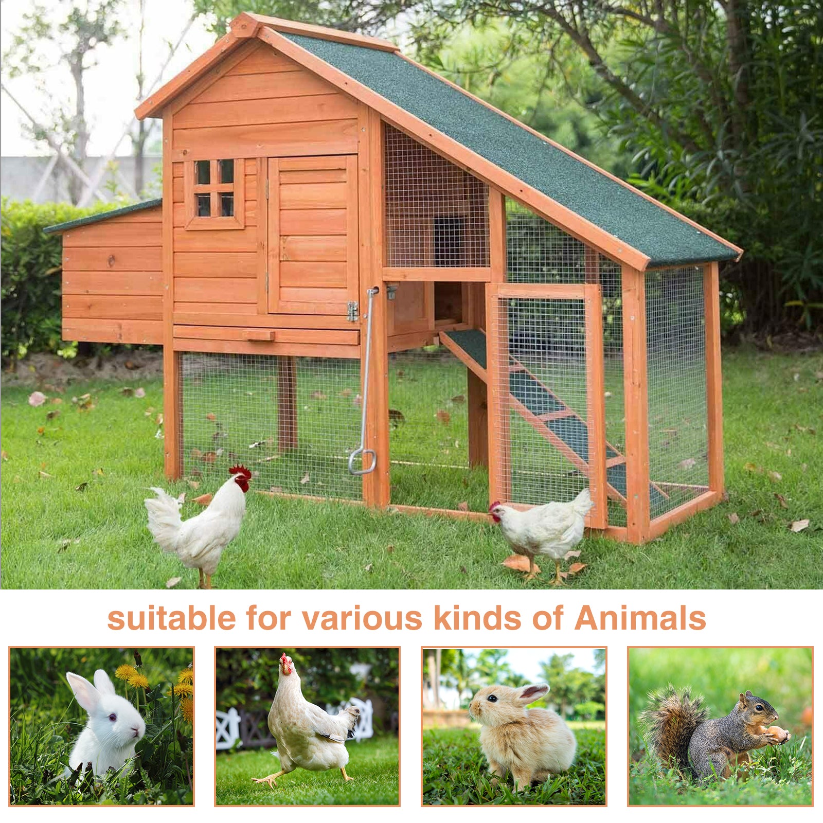 Kindor chicken coop rabbit hutch， Large Running Area wooden Hen House Poultry Cage with Removable Tray and Ramp