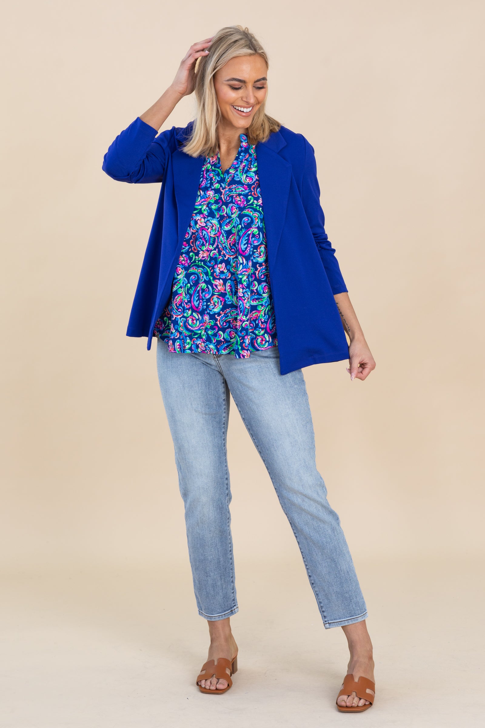 Navy Floral Print V-Neck Wrinkle Free Top