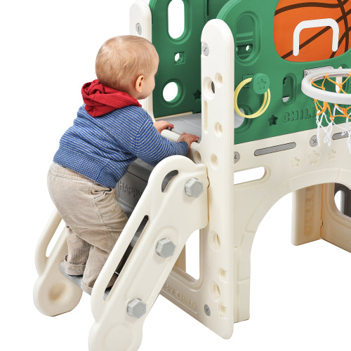 Kids Slide Playset Structure，Arch Tunnel， Ring Toss， and Basketball Hoop， Freestanding Castle Climbing Crawling Playhouse with Slide， Toy Storage Organizer for Toddlers， Kids Climbers Playground