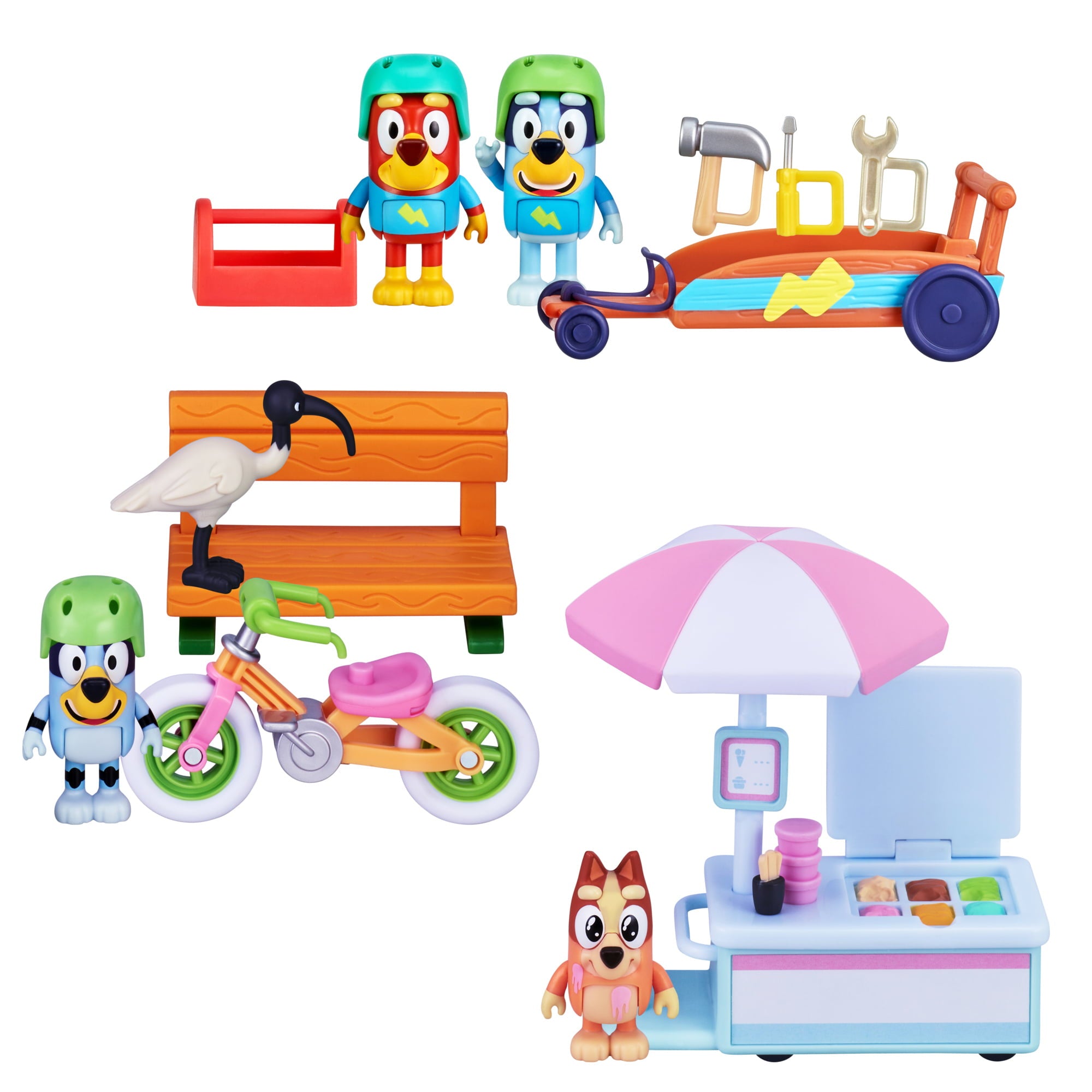 Bluey， Rusty and Bluey's Go-Kart Vehicle and Figures Pack， 2.5-3 inch Figures and Accessories， Preschool， Ages 3+