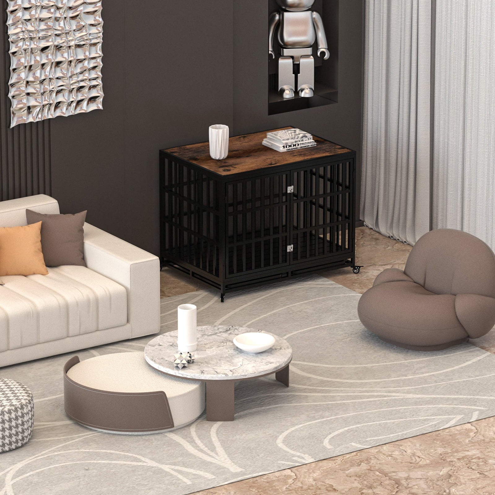 Heavy Duty Dog Crate， 42 Inch Dog Crate Furniture for Medium Large Dogs， Wooden Thickened Dog Cage Kennel Decorative Pet House Indoor with Removable Trays  and Lockable Wheels