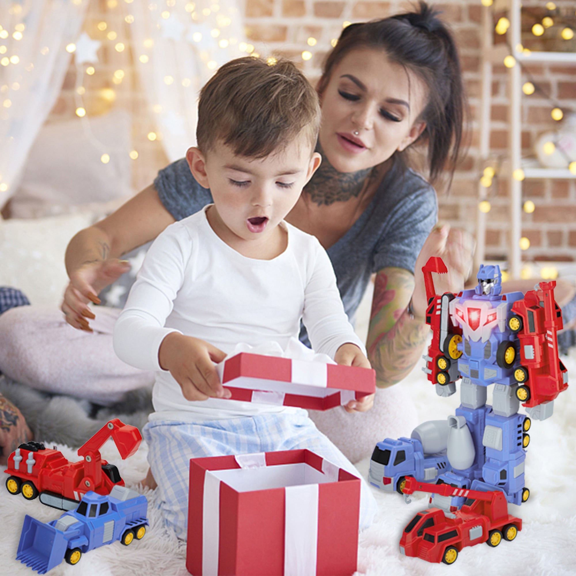 LELINTA Truck Transforming Robot Toy Cars Gift for Kids， 5-in-1 Construction Vehicles Transformer into Robot Action Figures， Assemble into Giant Pull-Back Truck with Sound and light