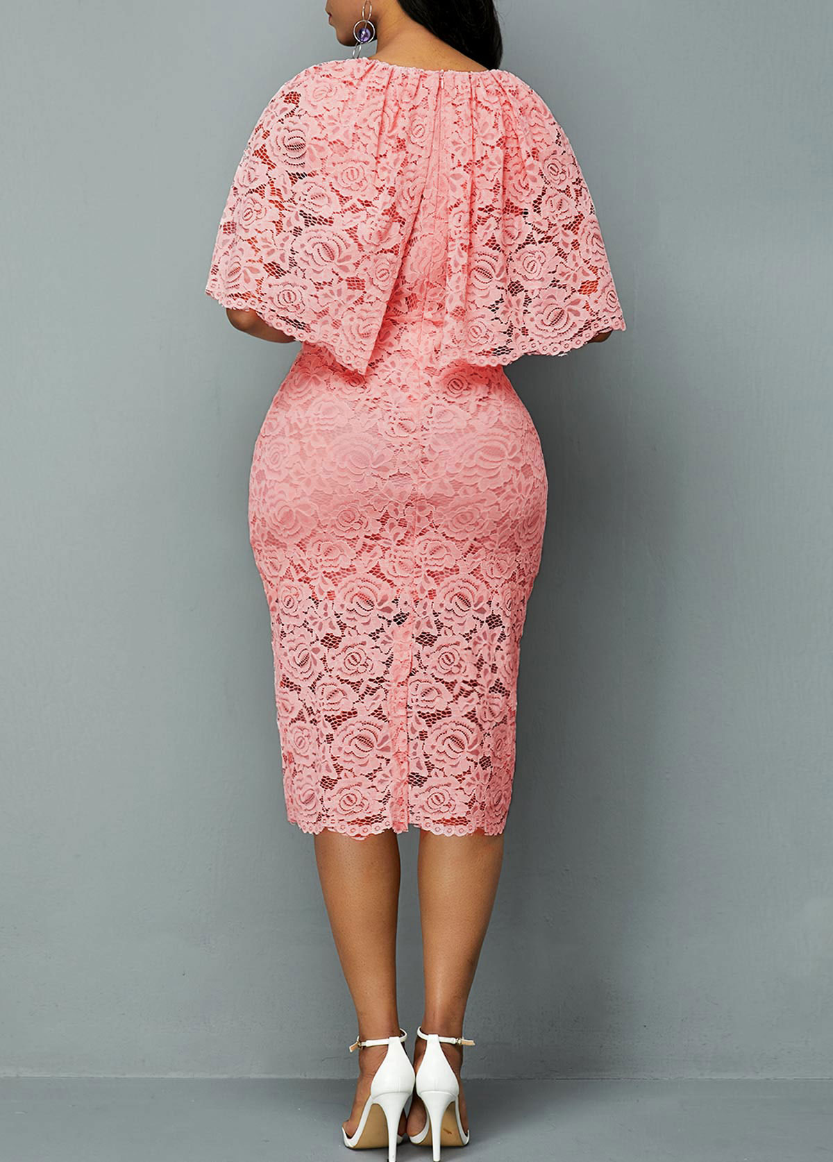 Light Pink Half Sleeve Overlay Embellished Lace Dress