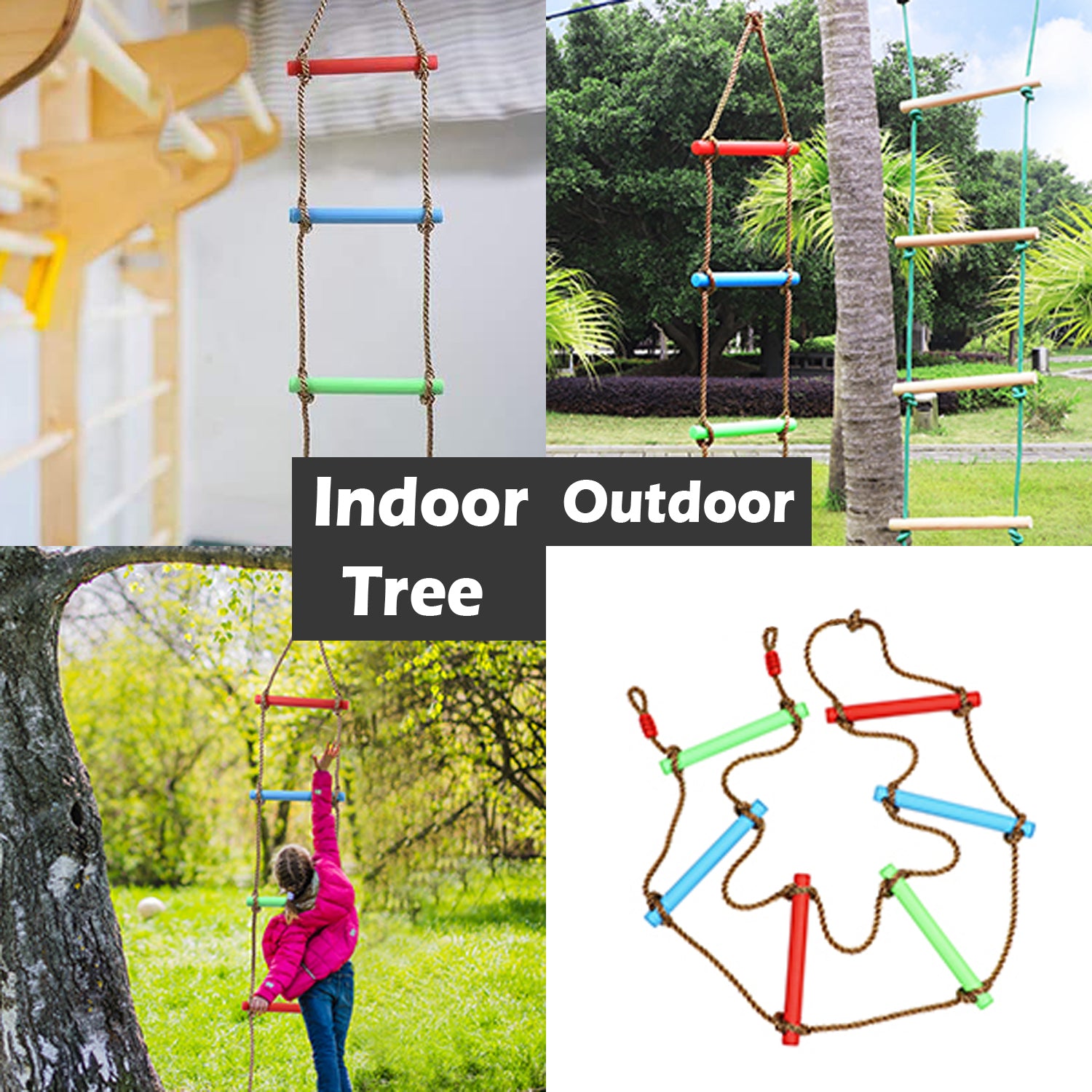 Odoland 6 Rung Rainbow Plastic Climbing Rope Ladder for Kids， Hanging Swing Ladder Toy， Children Exercise Equipment for Indoor Backyard Playground