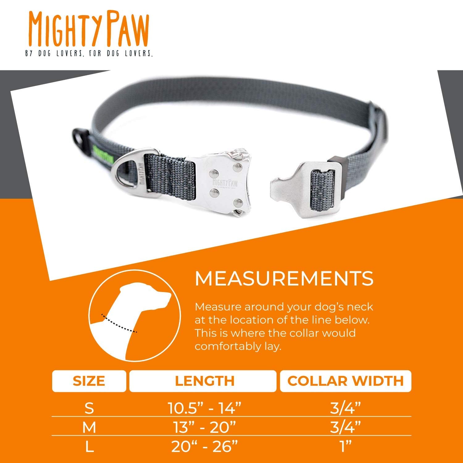 Mighty Paw Metal Buckle Dog Collar， All Metal Hardware， Lightweight Collar， Reflective Stitching， Strong， Durable (Medium， Grey)