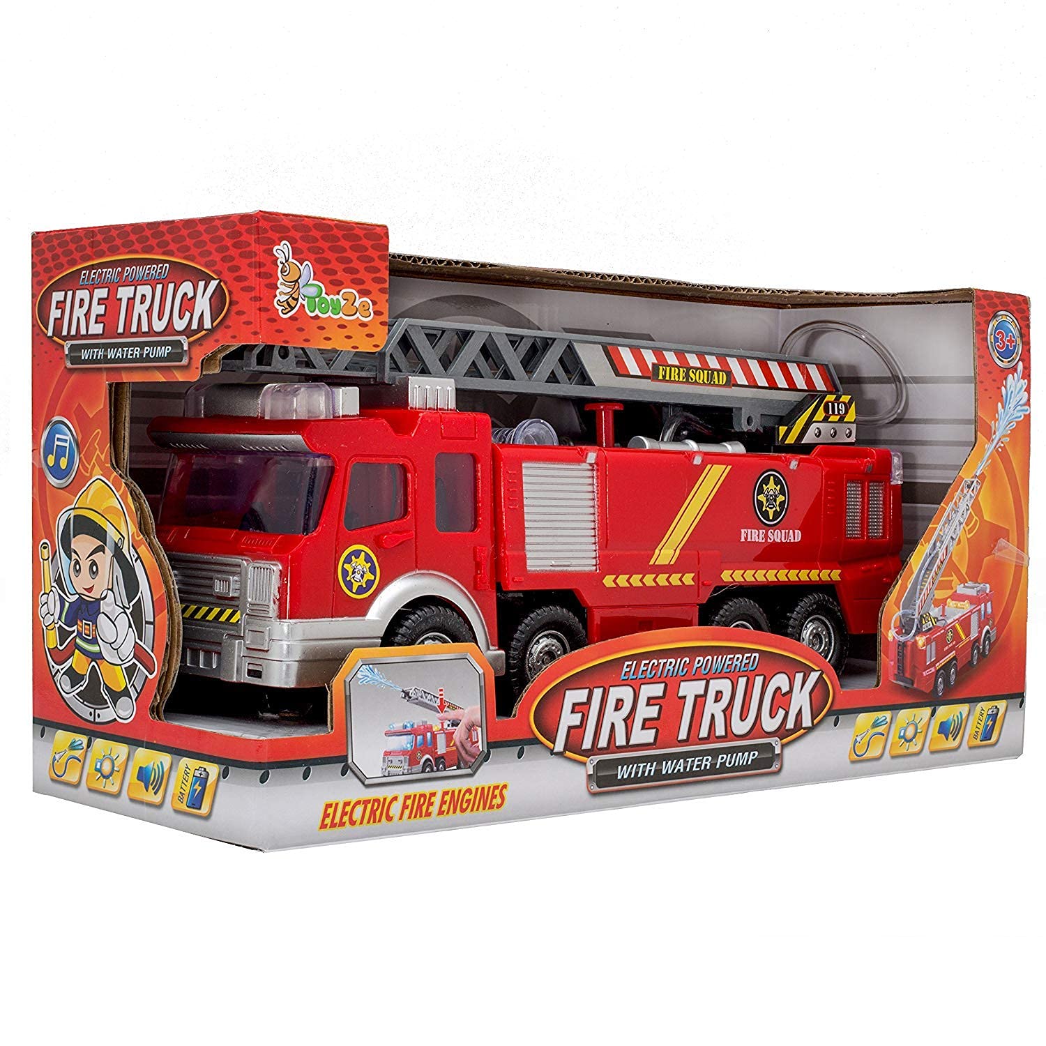 Top Race Fire Engine Truck with Water Pump Spray， Extending Rescue Ladder， and Flashing