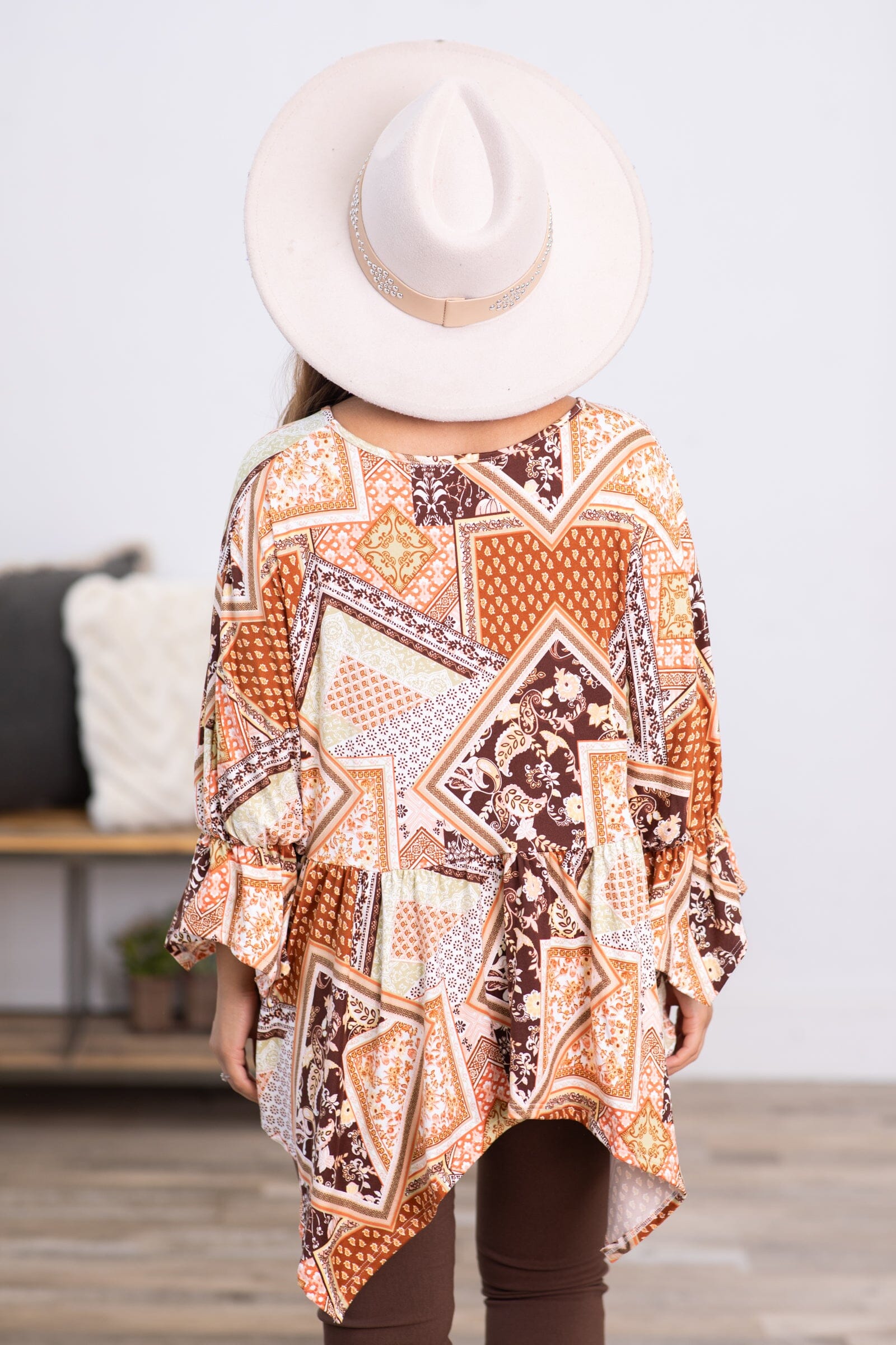 Burnt Orange Patchwork Print Hanky Hem Top