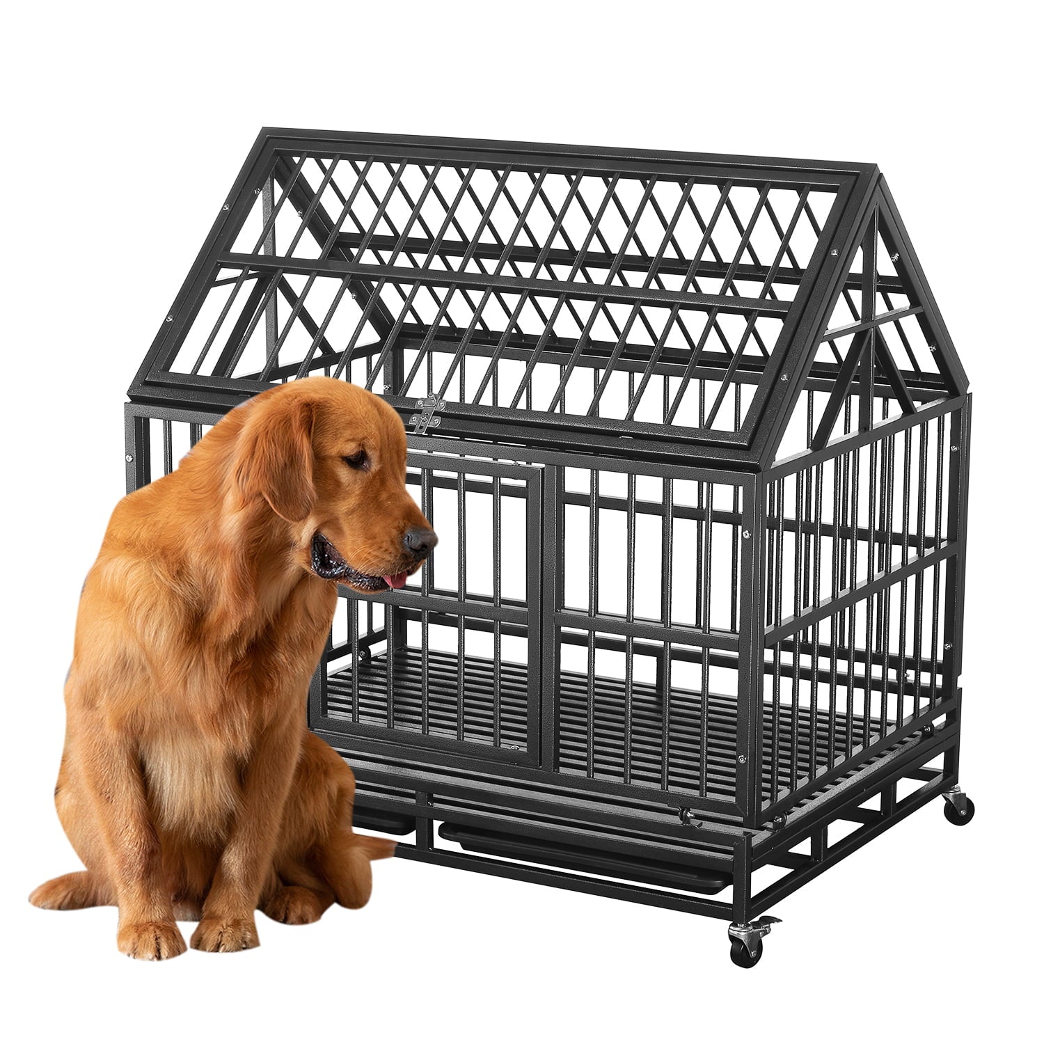 Ainfox 42 inch Heavy Duty Dog Crate， Indestructible Dog Crates for Medium Dogs， Escape Proof Dog cage Kennel with Lockable Wheels， for Home， IndoorandOutdoor (Round Tube-Black)
