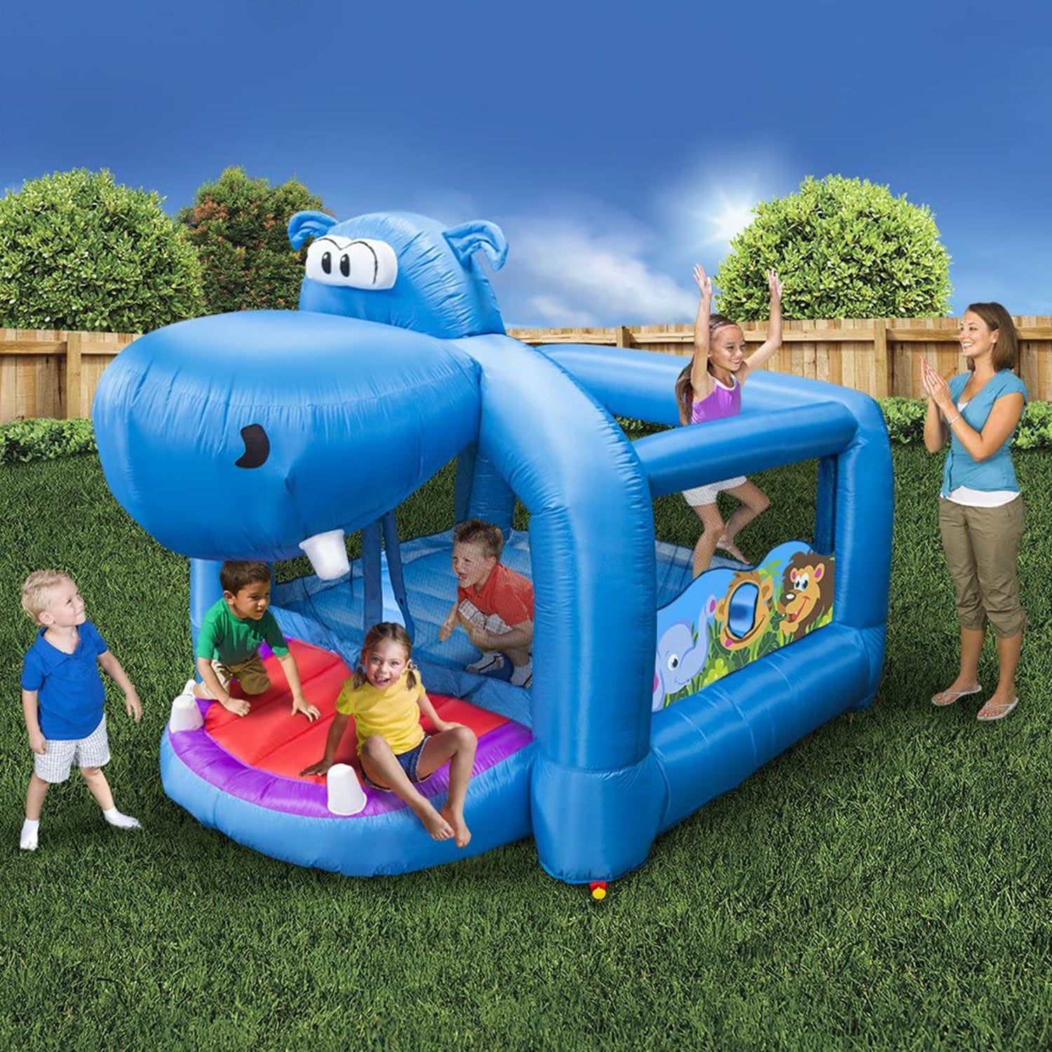 Banzai Happy Hippo Inflatable Bouncer Blow Up Bouncing House w/ Mesh Walls