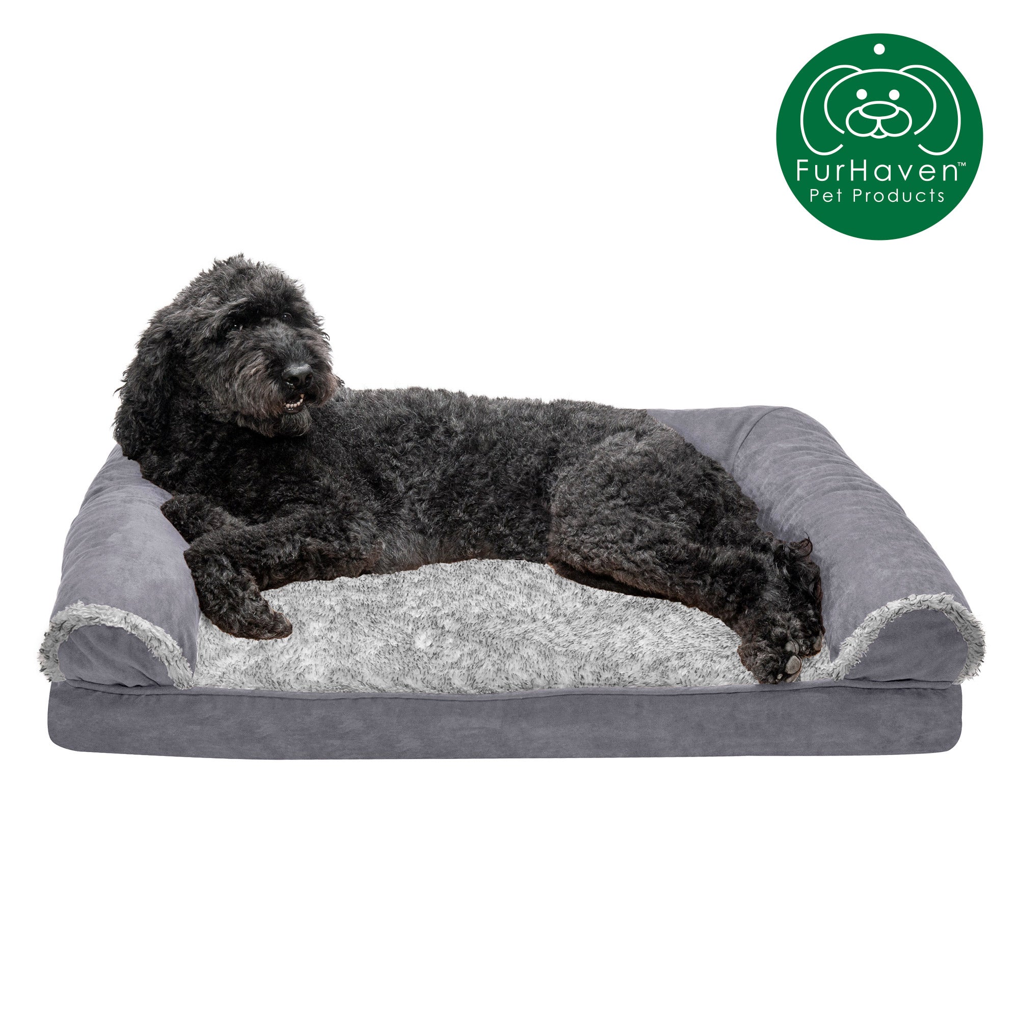 FurHaven Pet Products | Memory Foam Two-Tone Faux Fur and Suede Sofa-Style Couch Pet Bed for Dogs and Cats， Stone Gray， Large