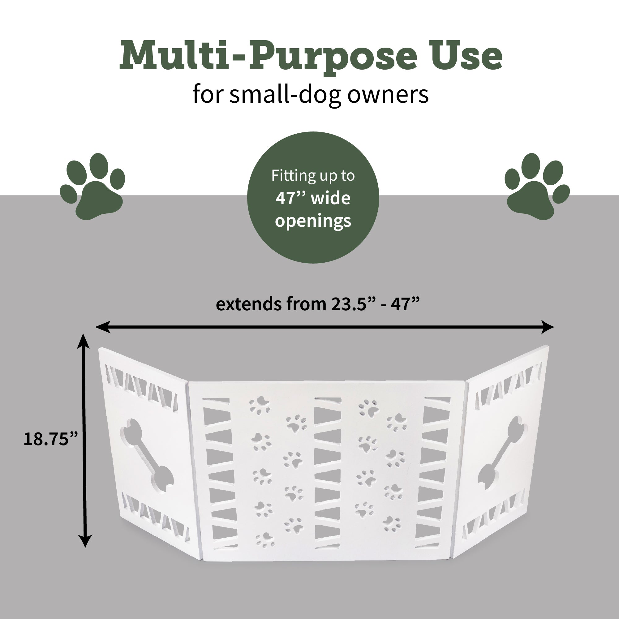 Hoovy Freestanding Decorative Pet Gate: Folding and Extending Dog and Puppy Gate for Home and Office Use | Keeps Pets Safe and Restricted to an Area | No Assembly Required (Paw Decor， White)