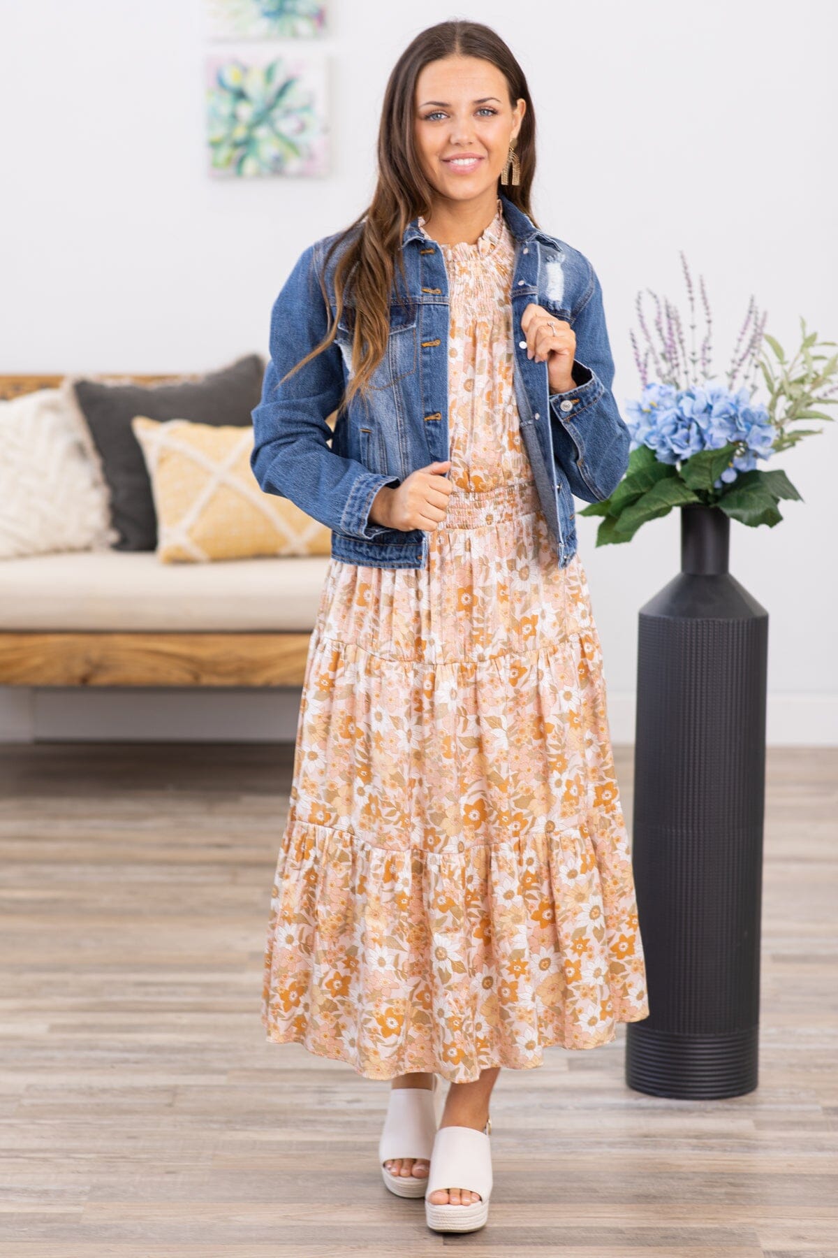 Dusty Rose Floral Print Midi Dress