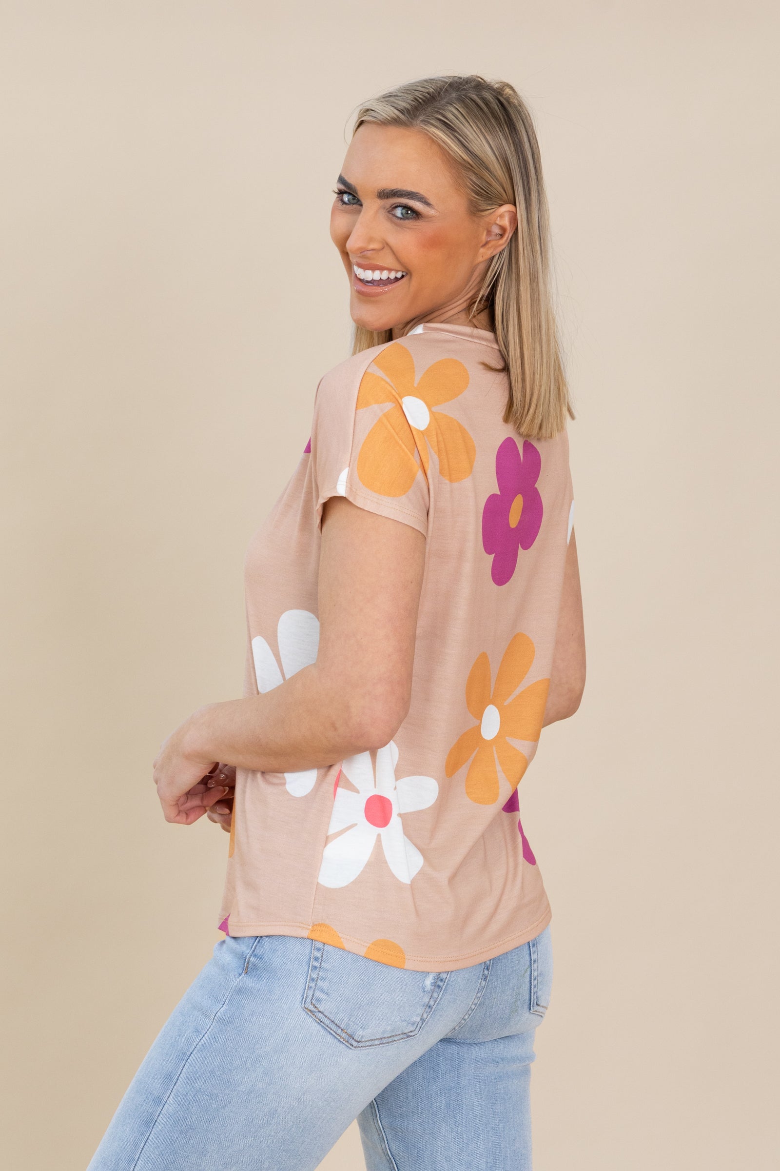 Beige Floral Crewneck Knit Top