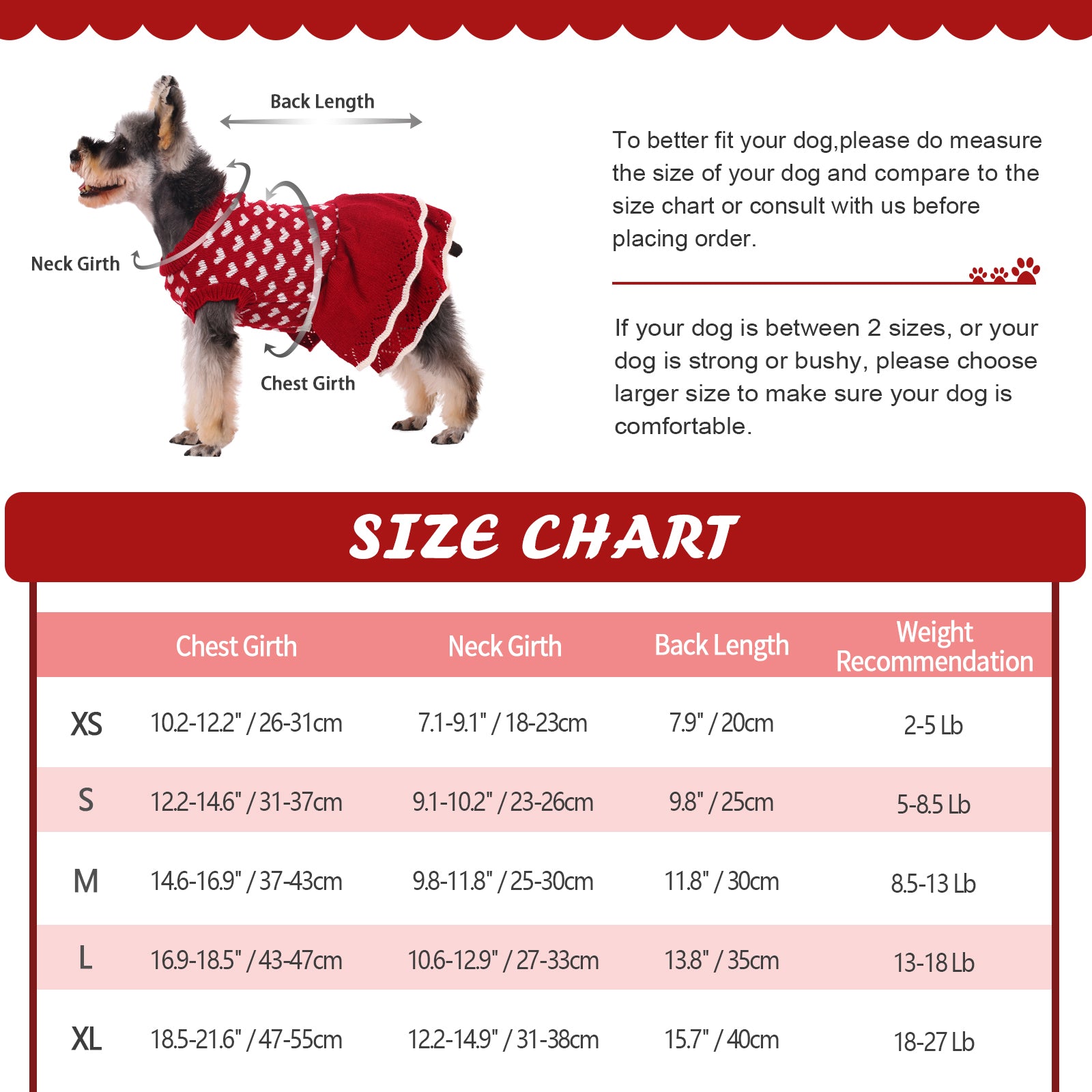 Kuoser Acrylic Heart New Year's Eve， Valentine's Day and Halloween Dog Sweater， Red， XS