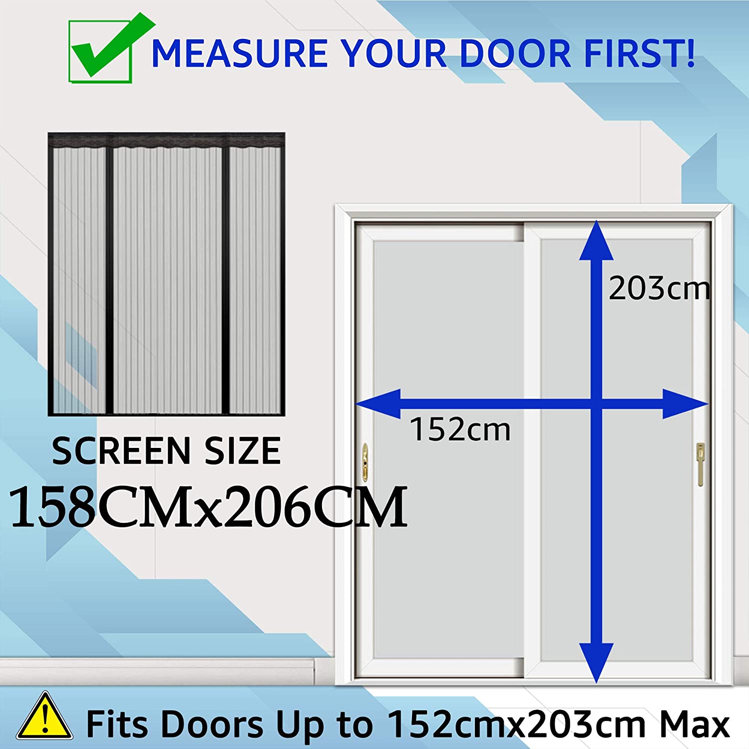 TheFitLife Double Door Magnetic Screen - Mesh Curtain with Full Frame Hook and Loop Powerful Magnets， Snap Shut Automatically for Patio， Sliding Or Large Door (Black Fits Doors up to 60''x80'' Max)