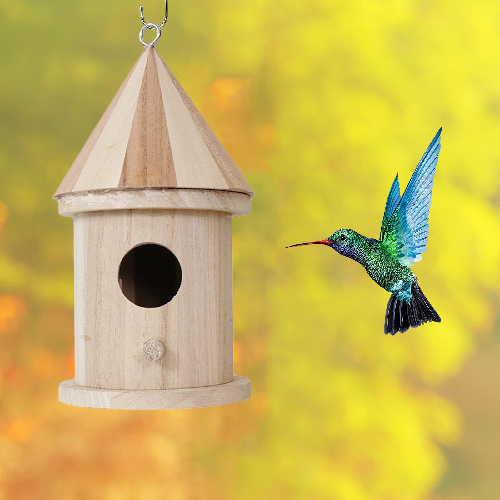 Unfinished Wooden Bird House with Pole DIY Decoration Outdoor Bird Feeder for Round Hole