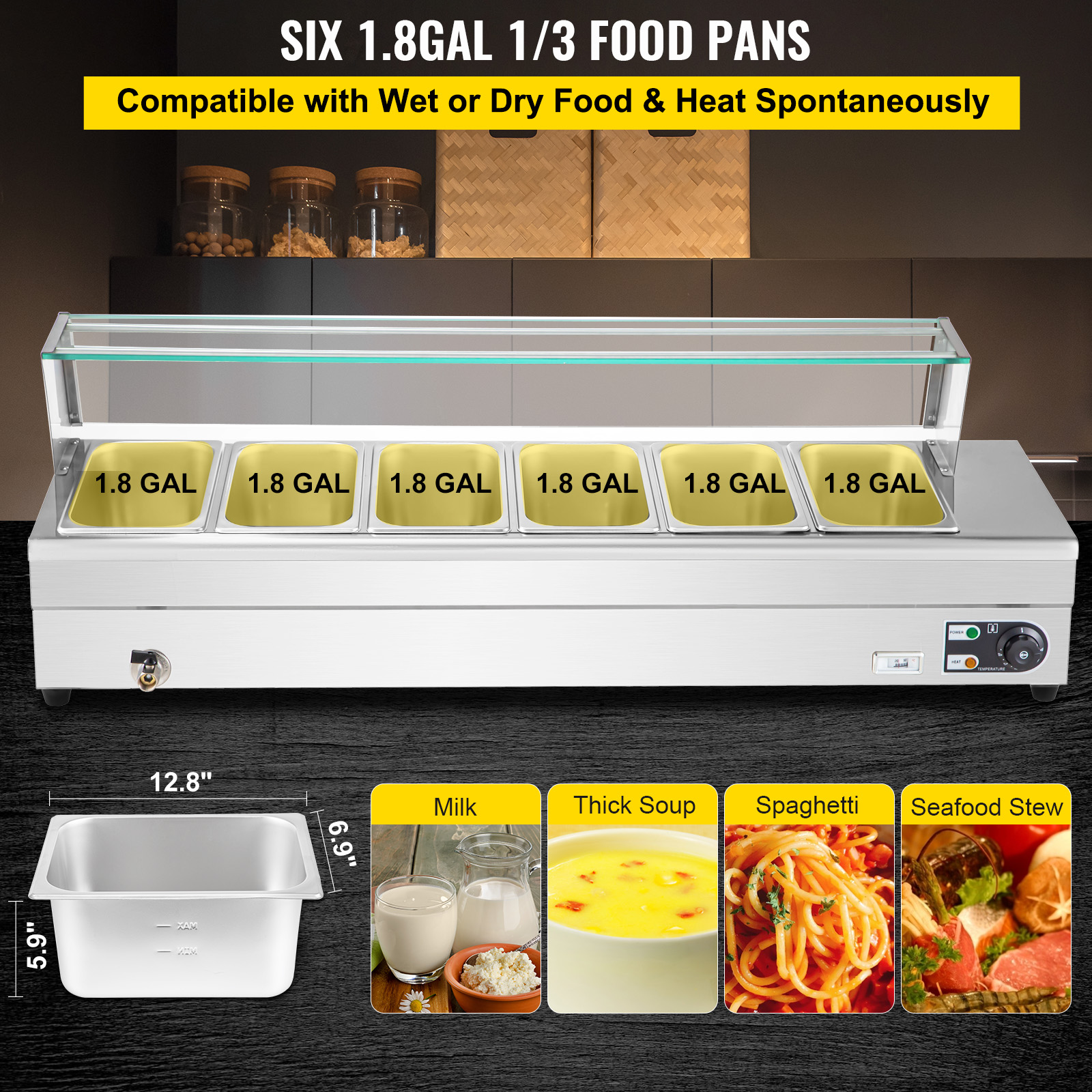 VEVORbrand 6-Pan Bain Marie Food Warmer 6-inch Deep， 1500W Electric Countertop Food Warmer 42 Quartz with Tempered Glass Shield with 6 Lids and 2 Ladles