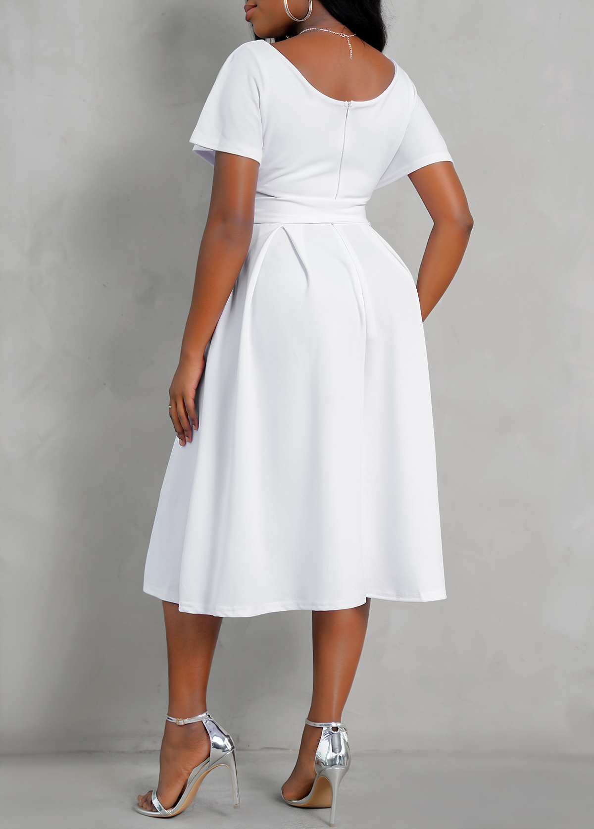 Short Sleeve V Neck Belted Dress