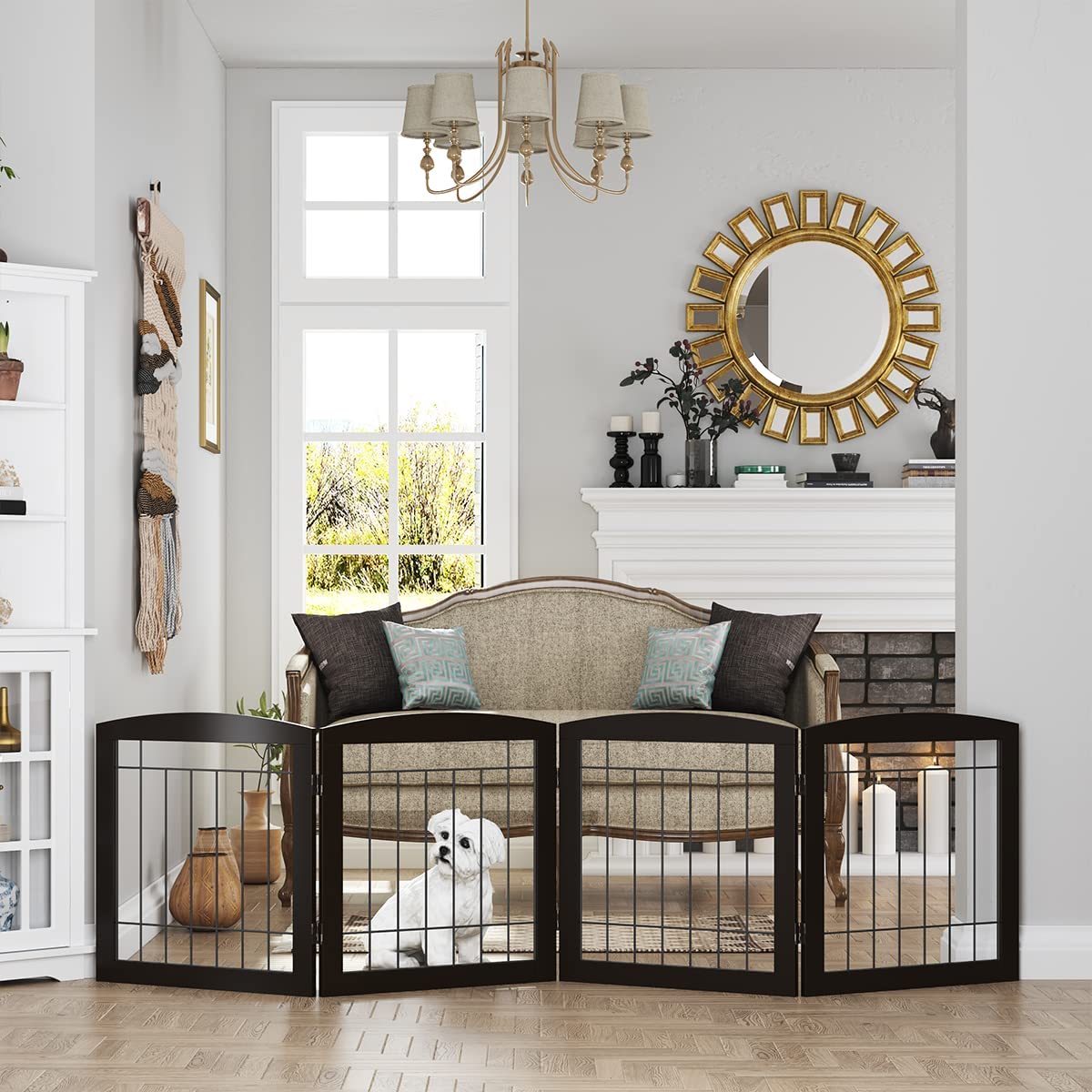 PAWLAND Wire Free Standing Pet Gate for Dogs， Foldable Dog Gate for The House Indoor， Step Over Pet Puppy Safety Fence， Doorway， Stairs， 80 Inch Wide， 24