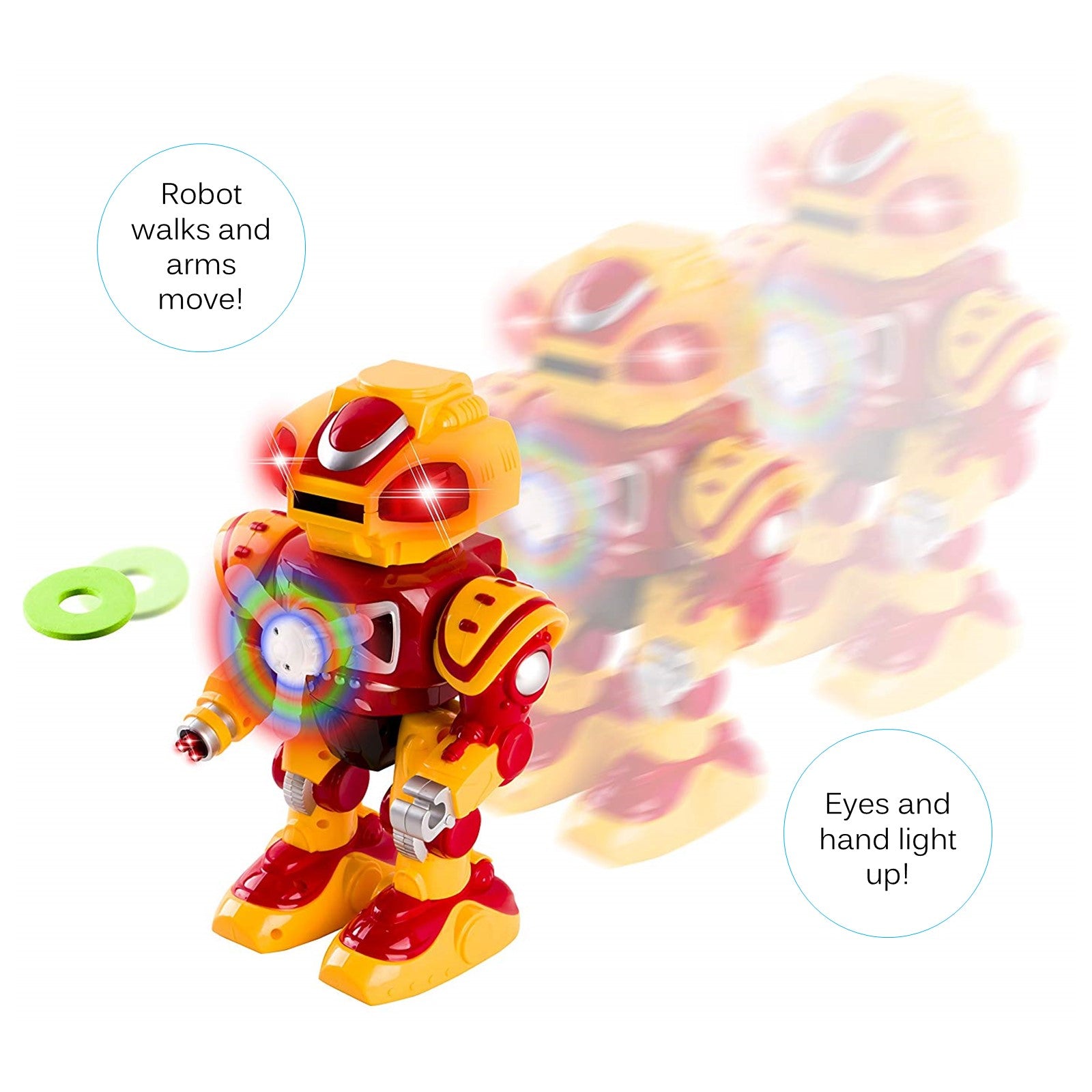 Super Android Toy Robot With Disc Shooting Walking Flashing Lights And Sound Features Great Action Toy For Kids Boys Girls Toddlers Battery Operated Yellow