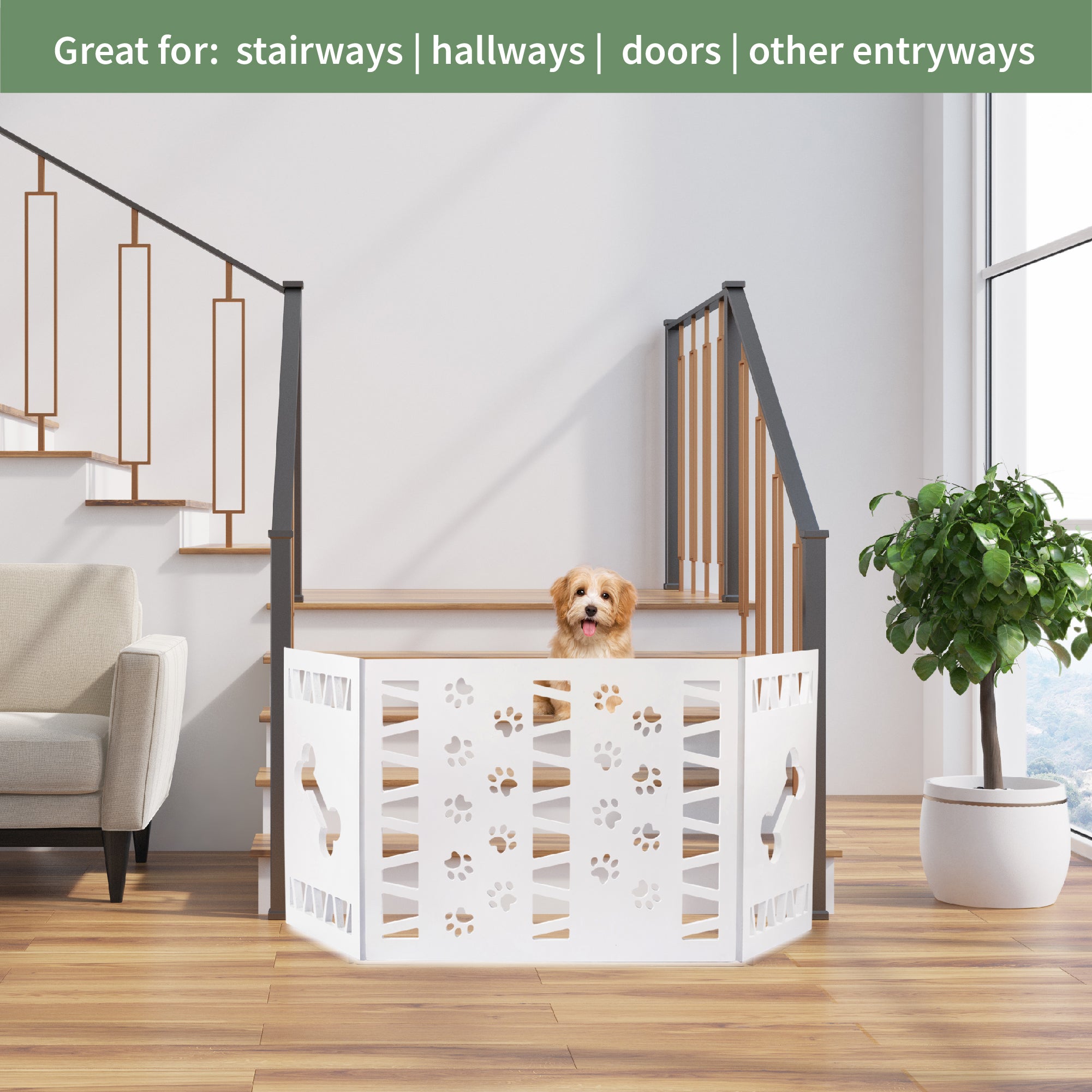 Hoovy Freestanding Decorative Pet Gate: Folding and Extending Dog and Puppy Gate for Home and Office Use | Keeps Pets Safe and Restricted to an Area | No Assembly Required (Paw Decor， White)
