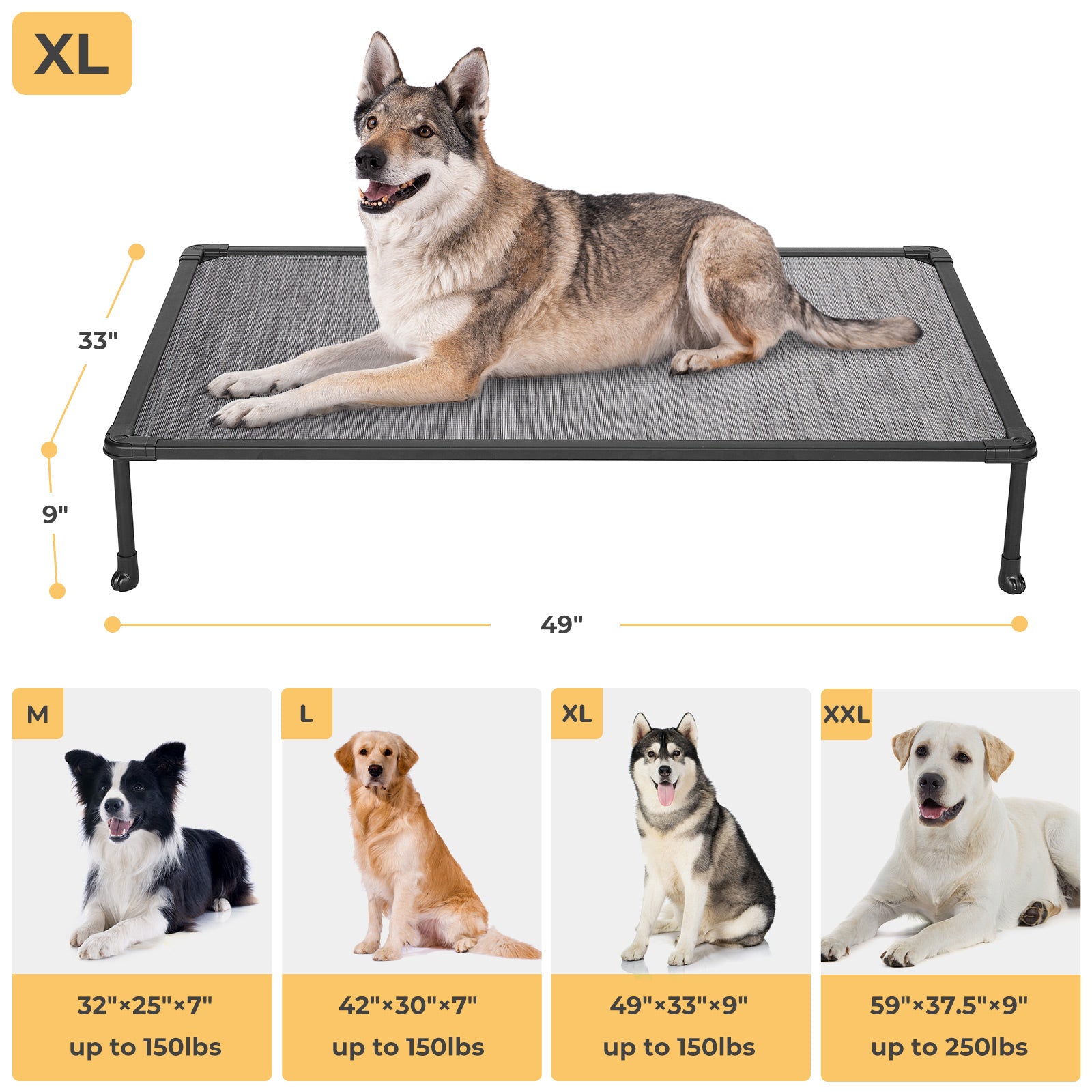 Veehoo Chewproof Dog Bed， Cooling Raised Dog Cots with Black Metal Frame， X Large， Black Silver