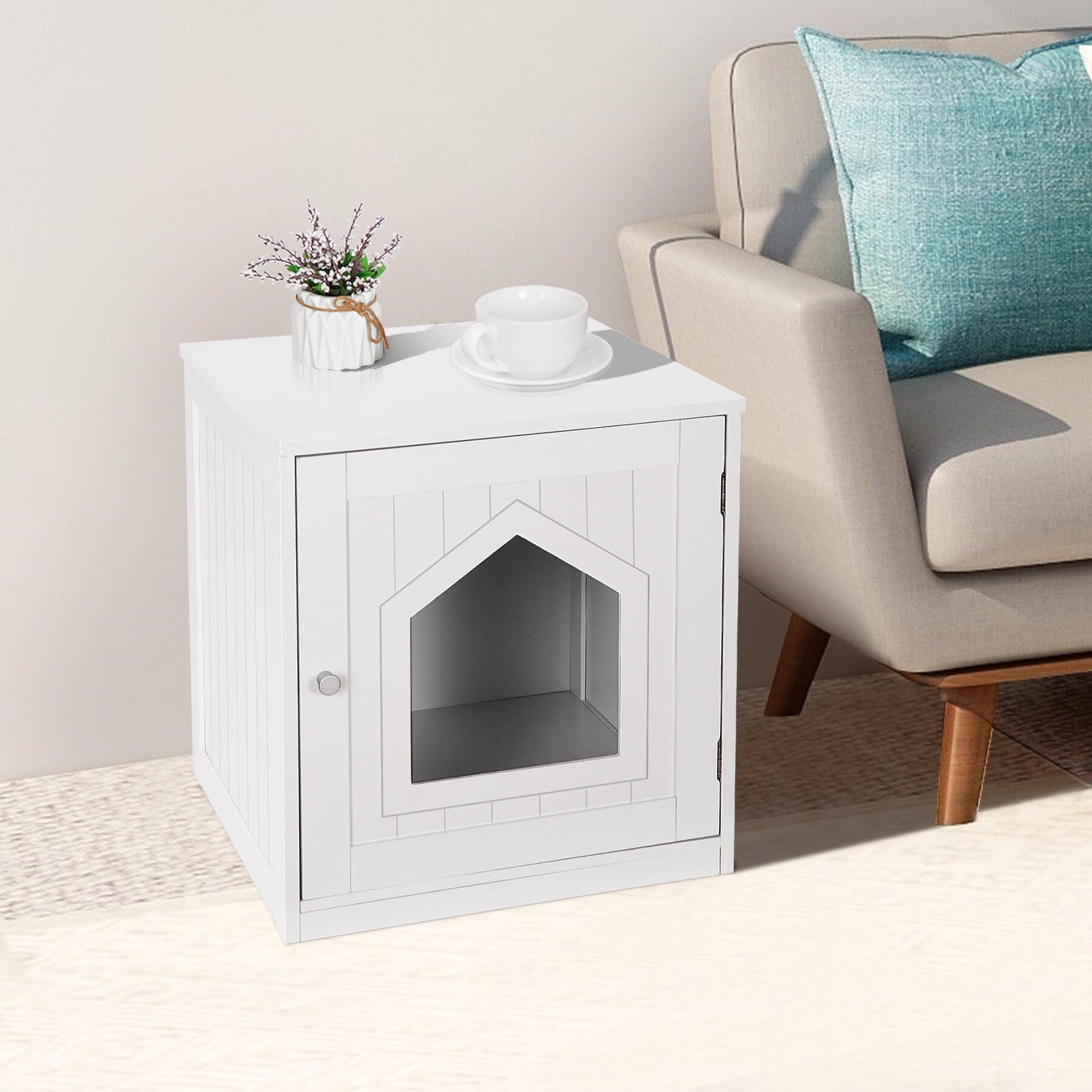 HomGarden 20'' White Cat Washroom Pet House Litter Box Enclosure and MDF Side Table