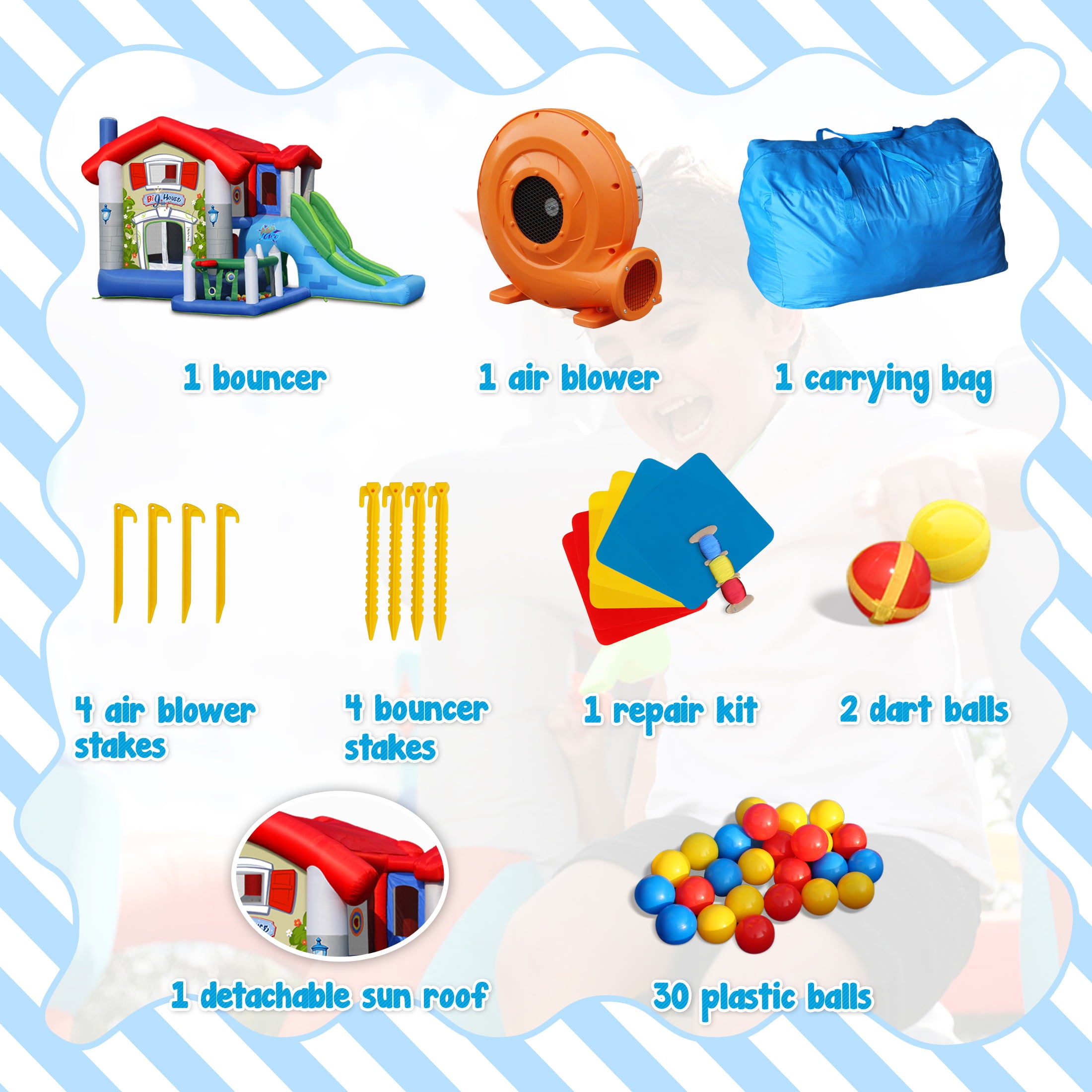 Action Air Bounce House， Inflatable Bouncer with 30 Pit Ball， Bouncy Castle with Blower for Kids 3-10 Years