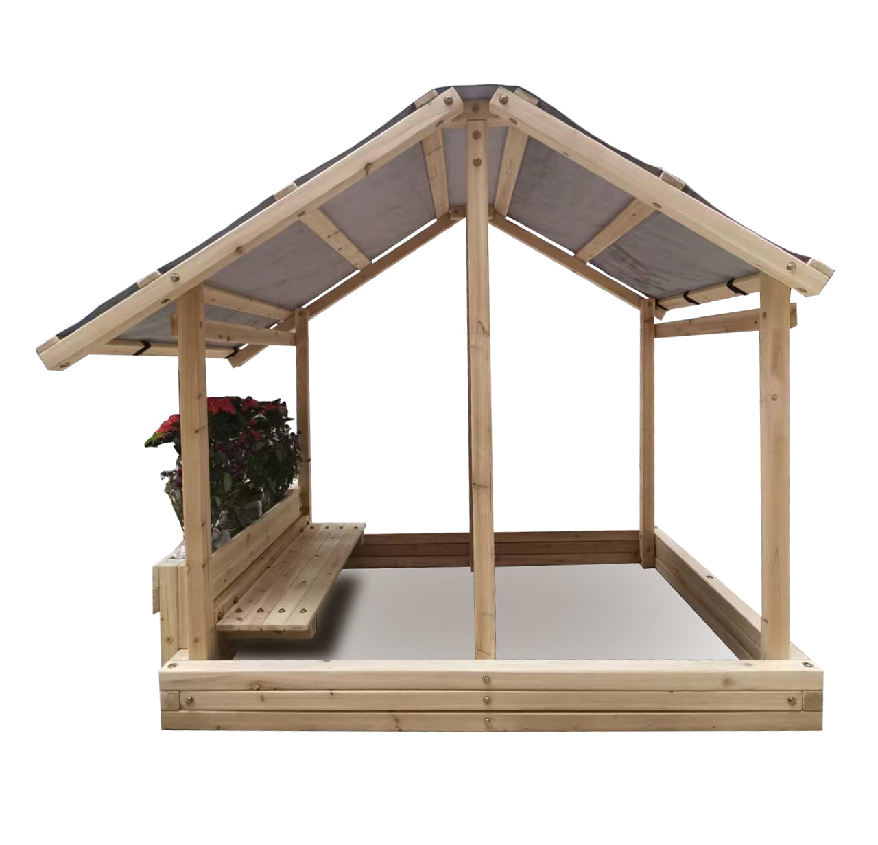 Funphix Dig n’ Play Wooden Sandbox Playhouse with Bench and Flower Planter， Outdoor Sand Pit for Kids