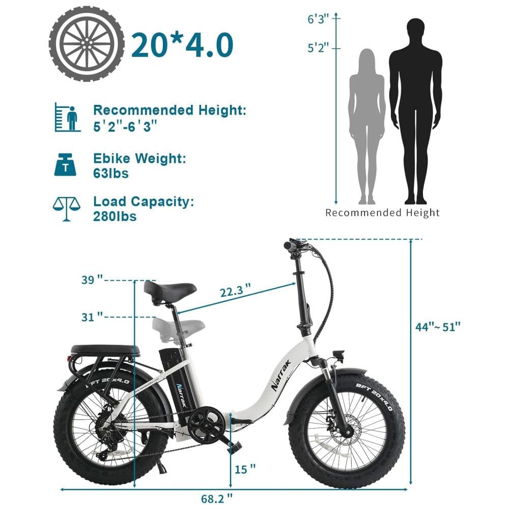 Bicicleta Elétrica Dobrável Narrak S129 Vermelho, Motor Traseiro 750W e Pico 1100W , Bateria 48V 13Ah 624Wh , Pneus Largos 20 x4