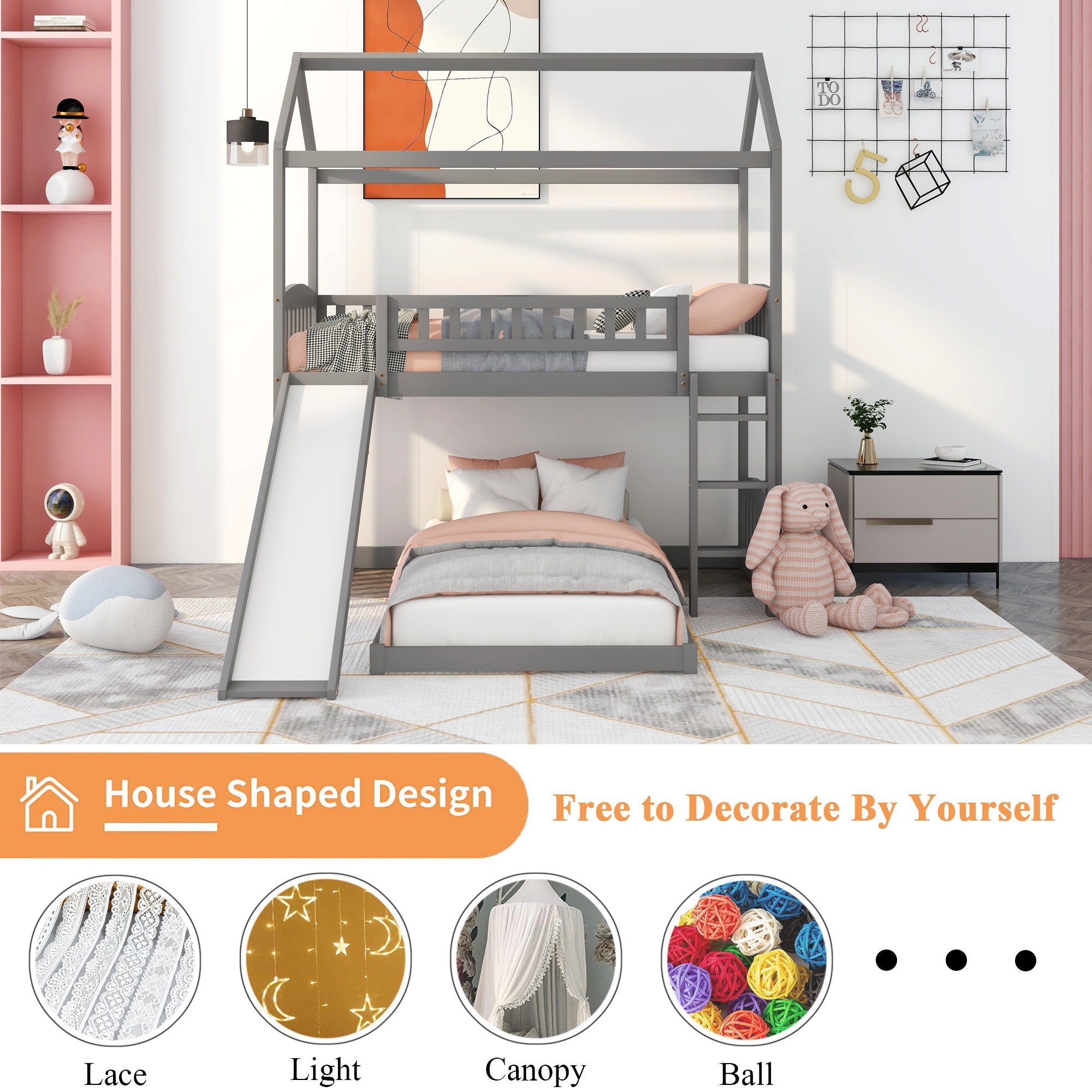 Bellemave House Bunk Bed with Slide, Wood Twin Over Twin L-Shape Bunk Bed Frame with Ladder for Kids Teens (Grey)