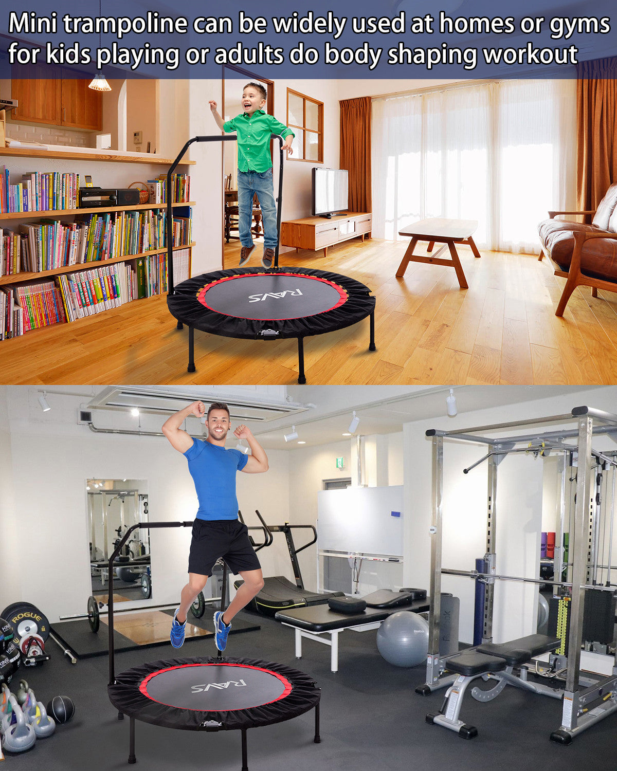 RAVS 40'' Inch Foldable Mini Rebounder Fitness Trampoline with Handle for Kids Adults Indoor