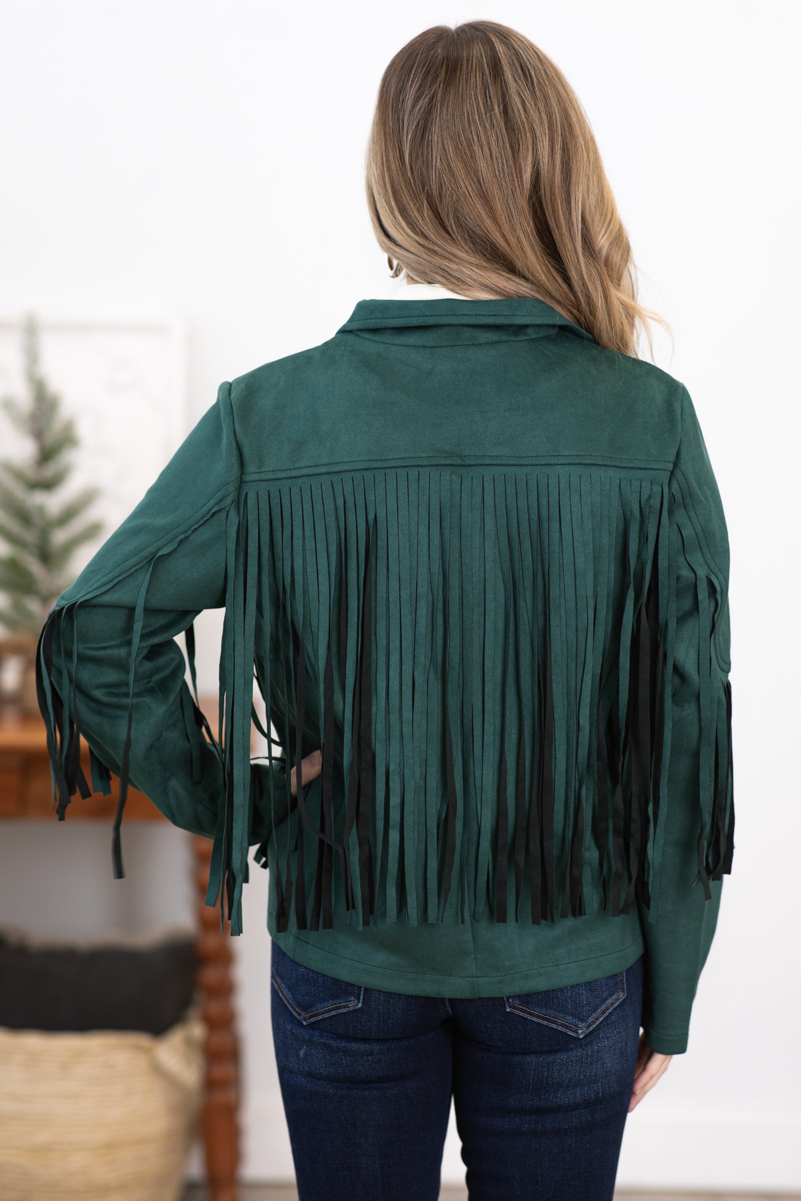 Emerald Green Vegan Suede Jacket With Fringe