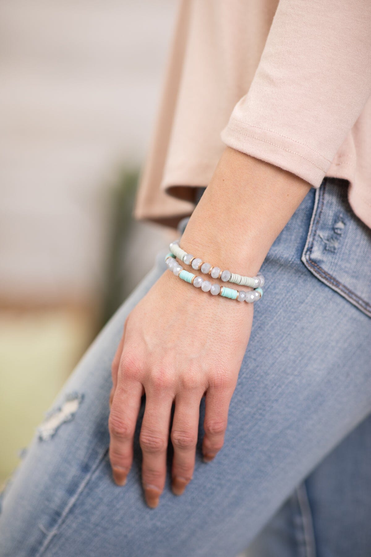 Aqua and Light Grey Beaded Bracelet Set